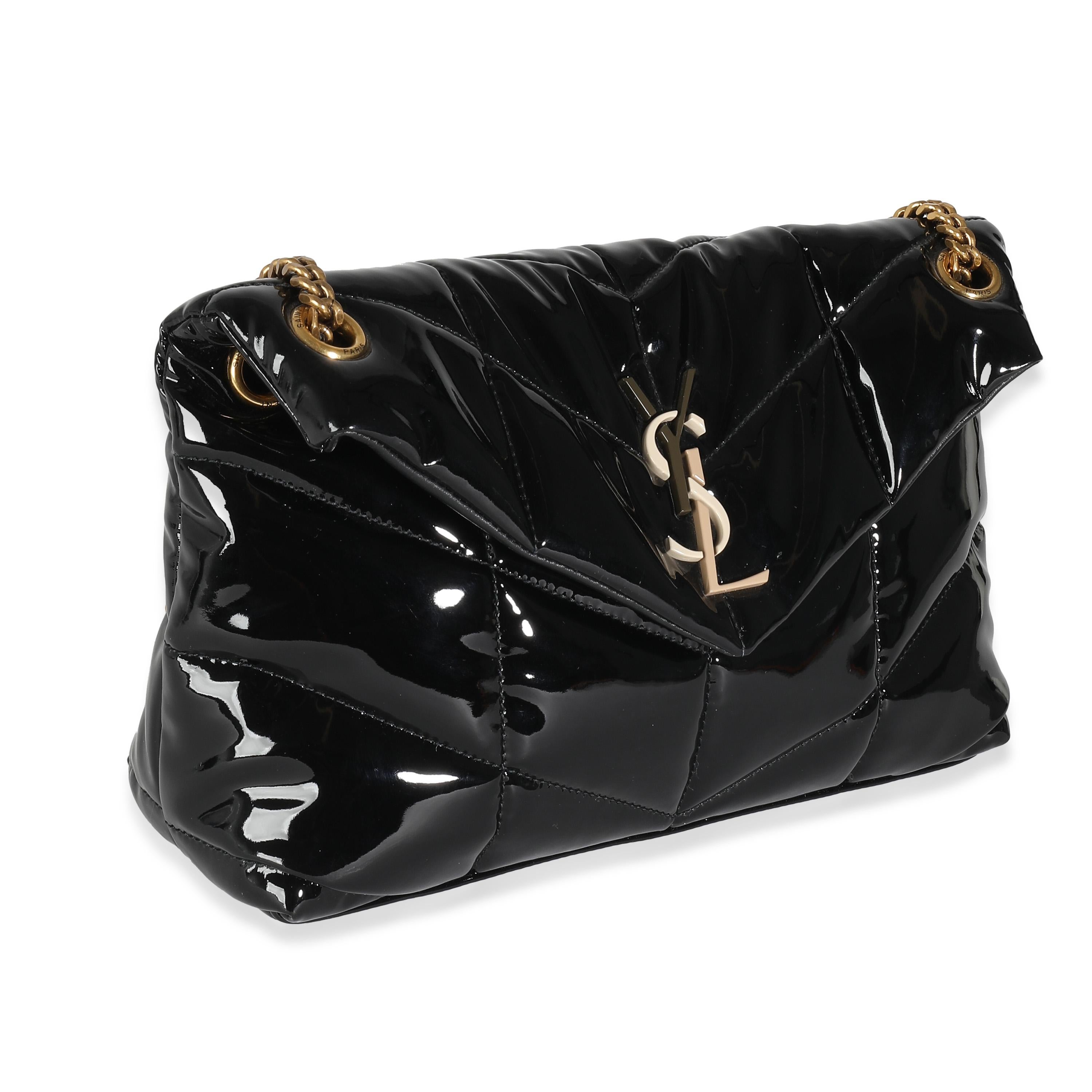 Saint Laurent Black Quilted Patent Small Lou Puffer Chain Bag In Excellent Condition For Sale In New York, NY