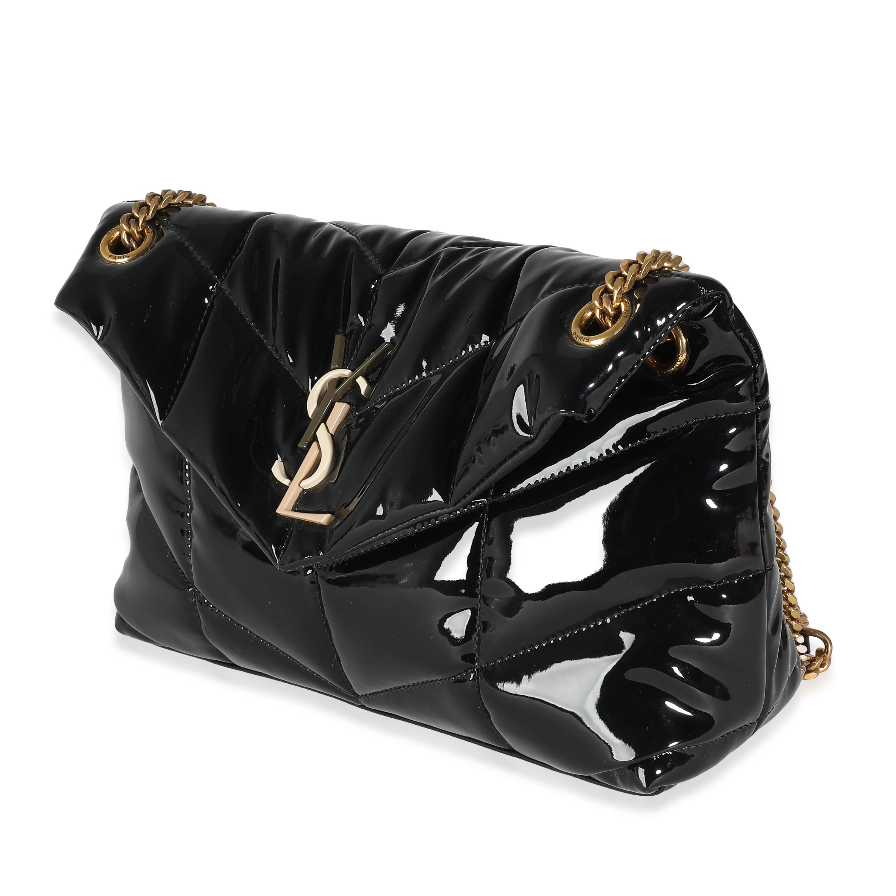 Women's or Men's Saint Laurent Black Quilted Patent Small Lou Puffer Chain Bag For Sale