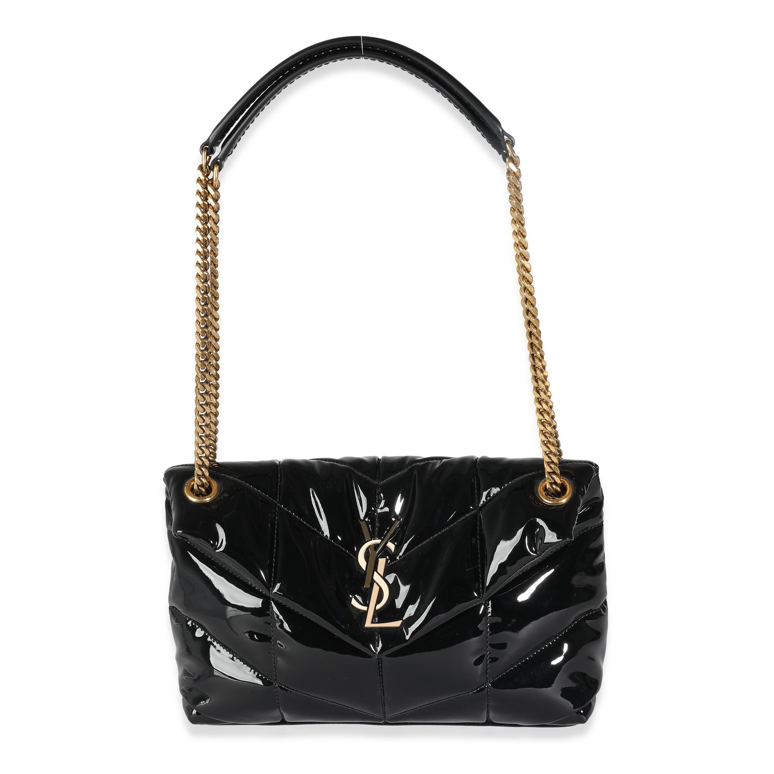 Saint Laurent Black Quilted Patent Small Lou Puffer Chain Bag For Sale 2