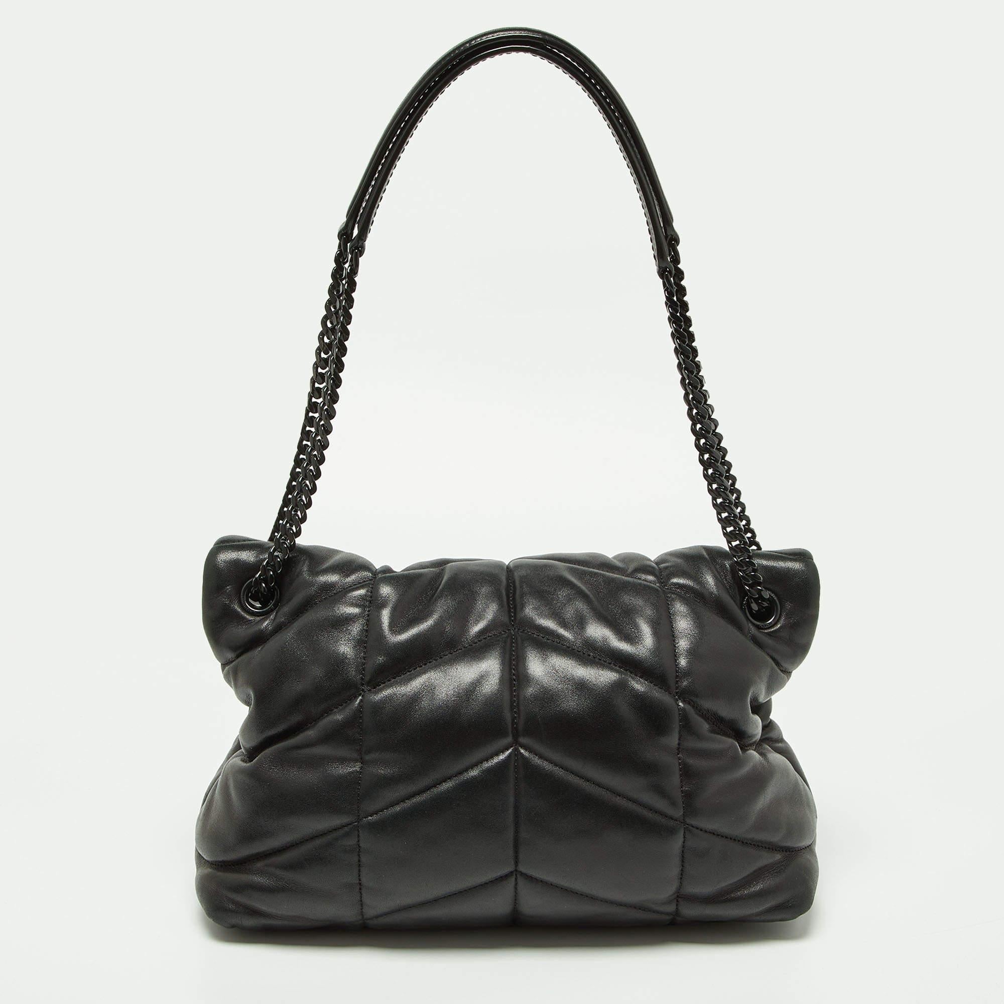Saint Laurent Black Quilted Puffer Leather Medium Loulou Monogram Shoulder Bag 8