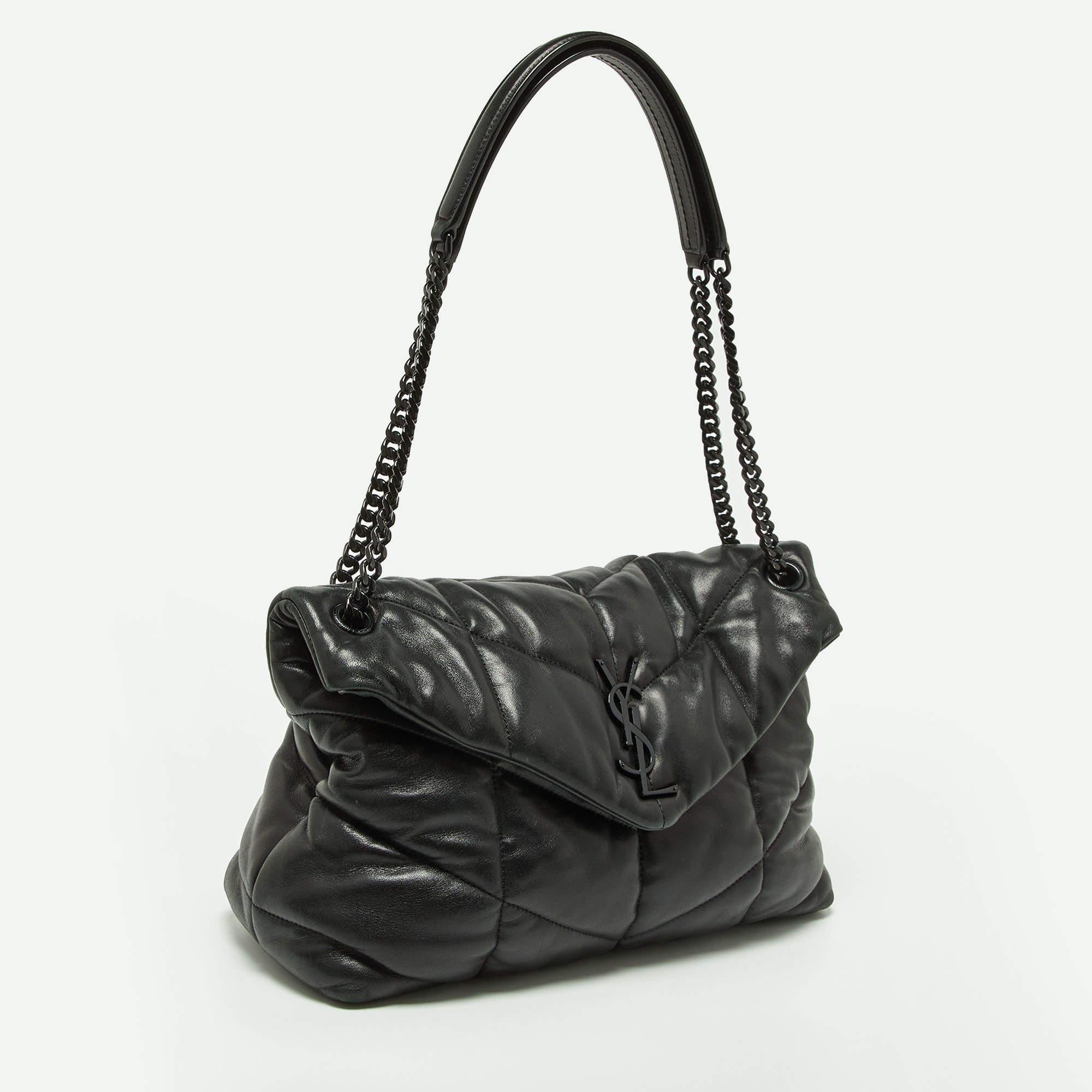 Saint Laurent Black Quilted Puffer Leather Medium Loulou Monogram Shoulder Bag 9
