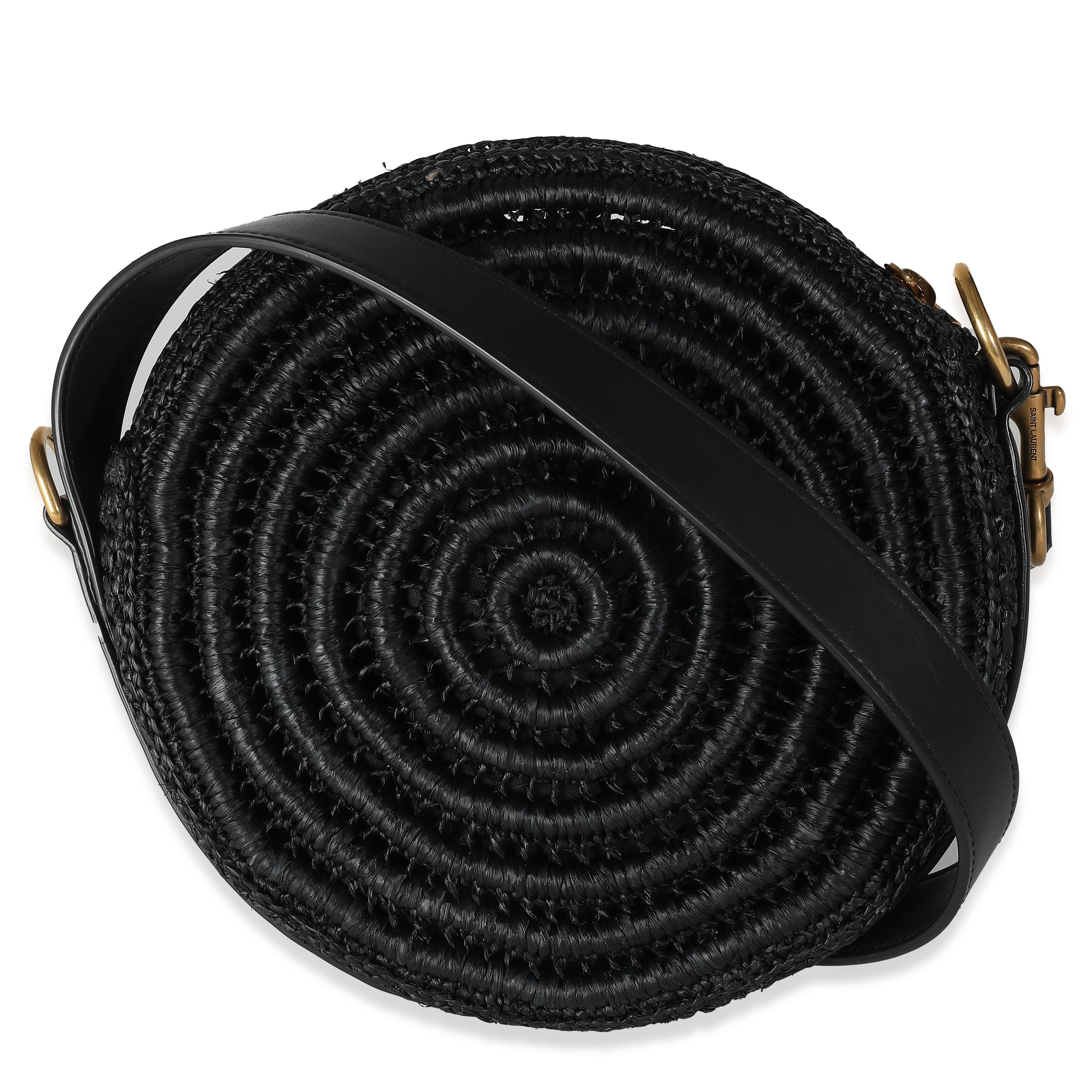 Listing Title: Saint Laurent Black Raffia Round Shoulder Bag
SKU: 141041
MSRP: 2250.00 USD
Condition: Pre-owned 
Handbag Condition: Pristine
Condition Comments: Item has no indication of wear.  Final sale.
Brand: Saint Laurent
Model: Round Shoulder