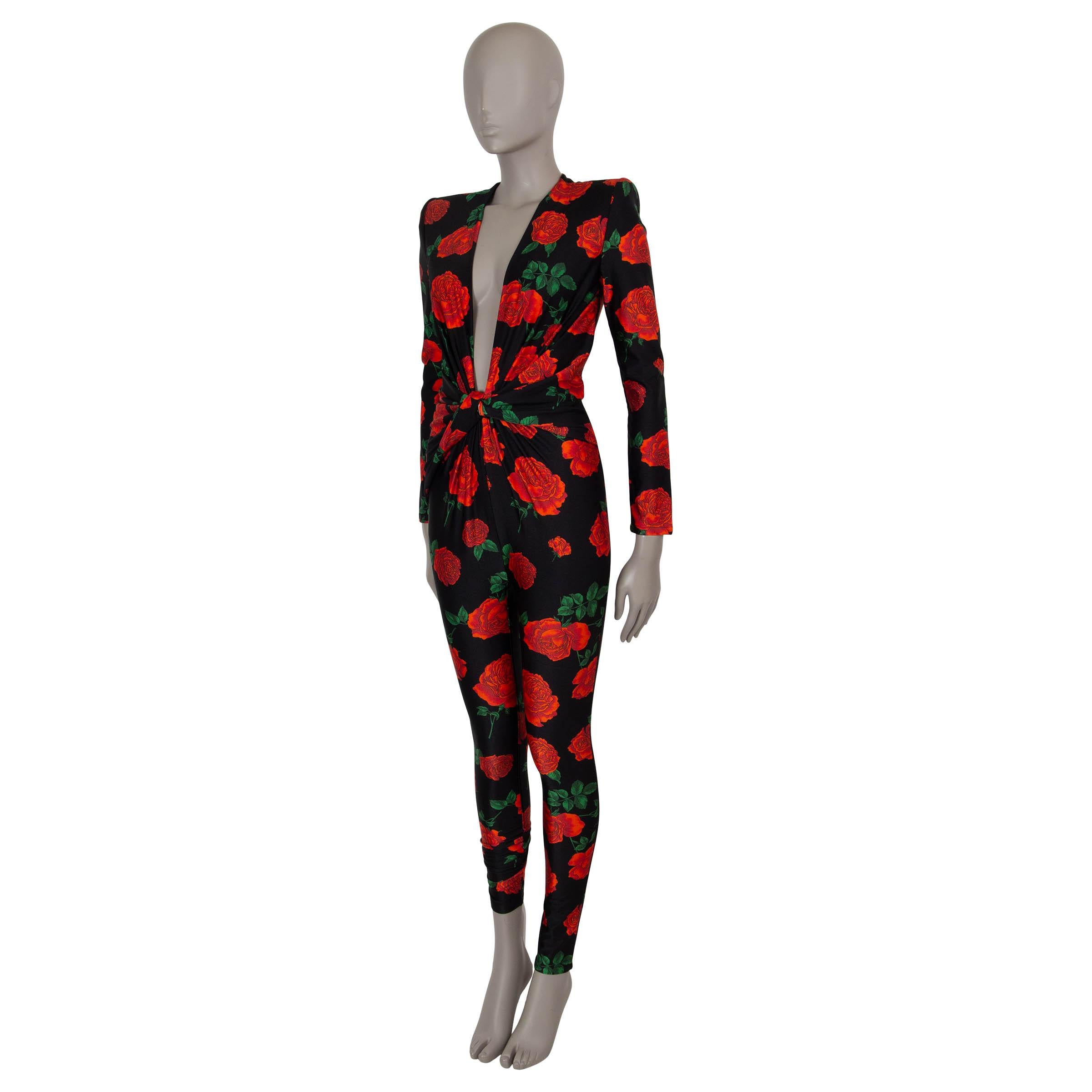 This 100% authentic Saint Laurent jumpsuit in black satin stretch jersey polyamide (80%) and elastane (20%)—please note the content tag is missing—showcases a striking red and green rose print. Designed with a bodycon silhouette, it features padded