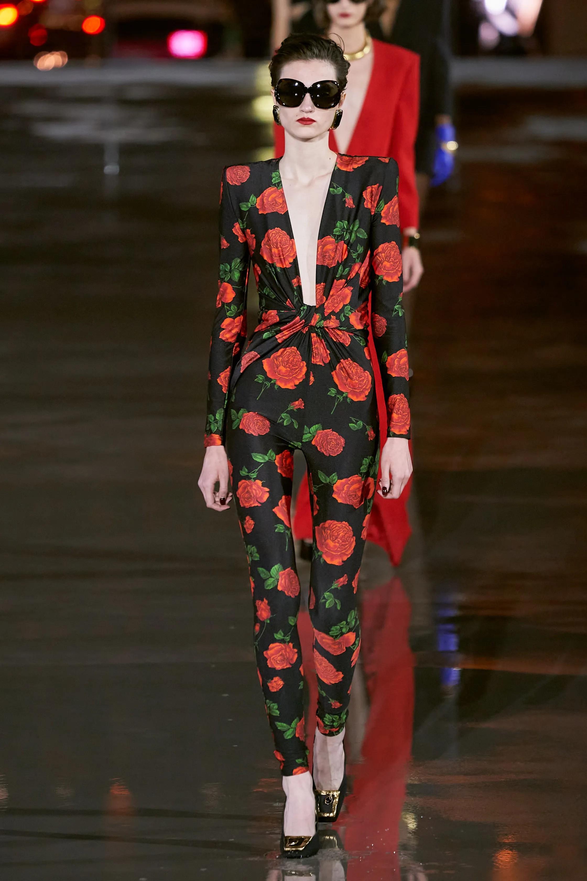 SAINT LAURENT black & red 2022 FLORAL Jumpsuit  Suit S For Sale 1
