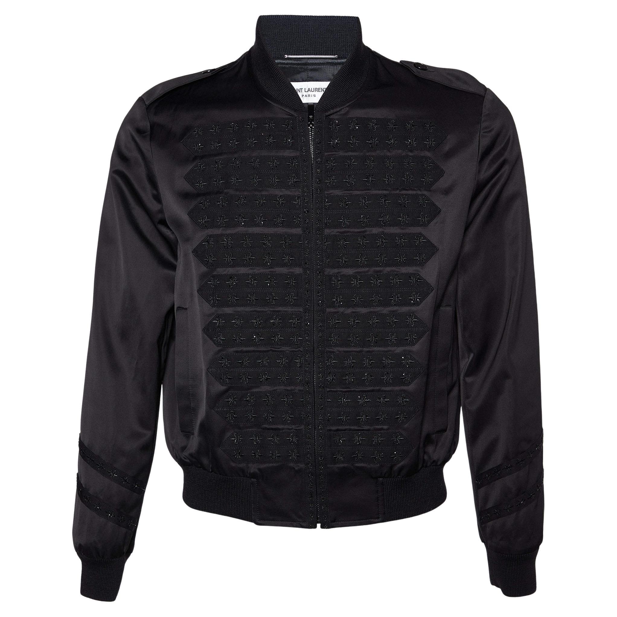 Saint Laurent Black Satin Embellished Bomber Jacket M