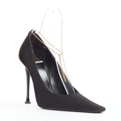 SAINT LAURENT black satin gold-tone YSL chain anklet point toe stiletto EU38