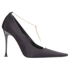SAINT LAURENT black satin gold-tone YSL chain anklet point toe stiletto EU38