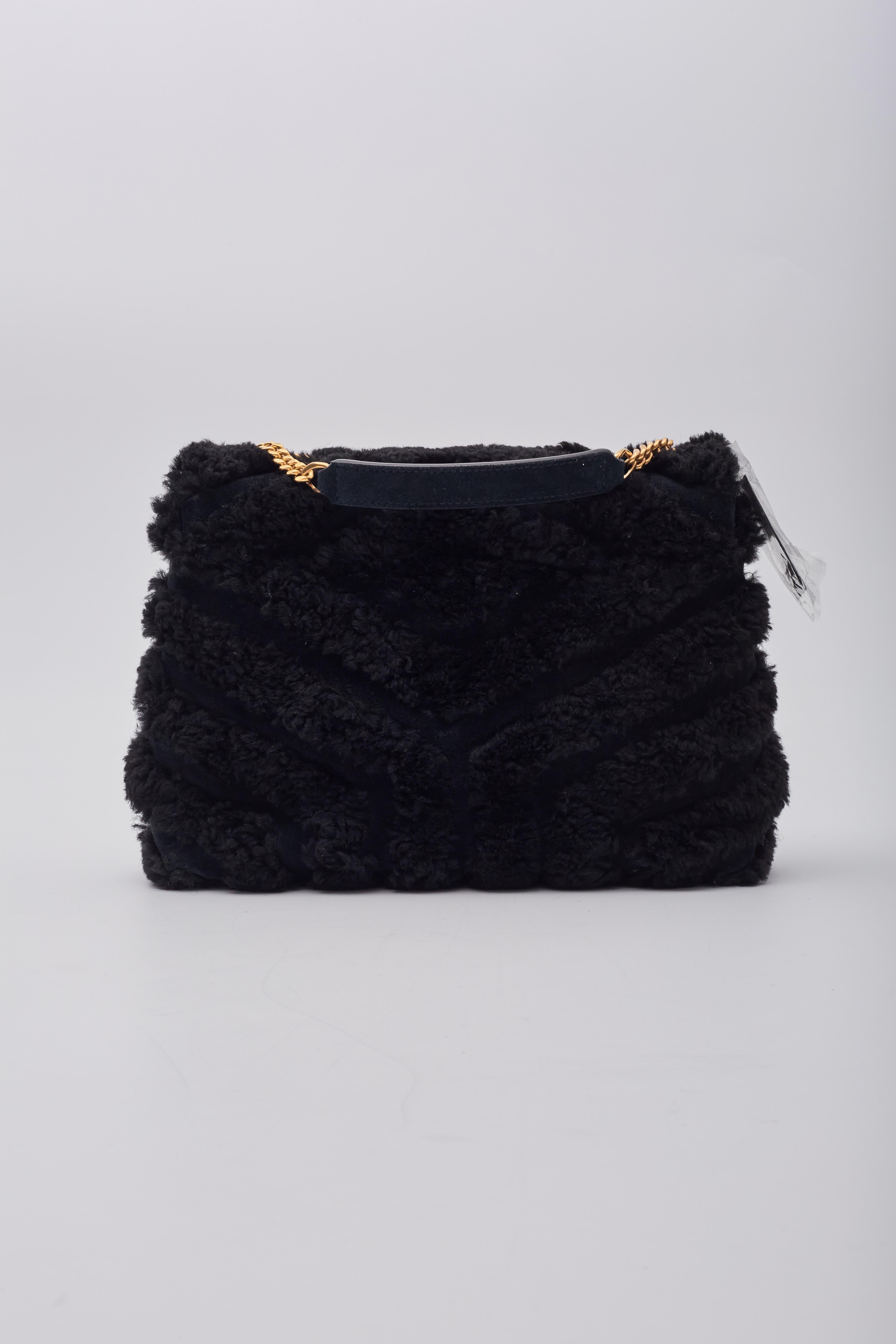 Women's Saint Laurent Black Shearling Loulou Shoulder Bag Small For Sale