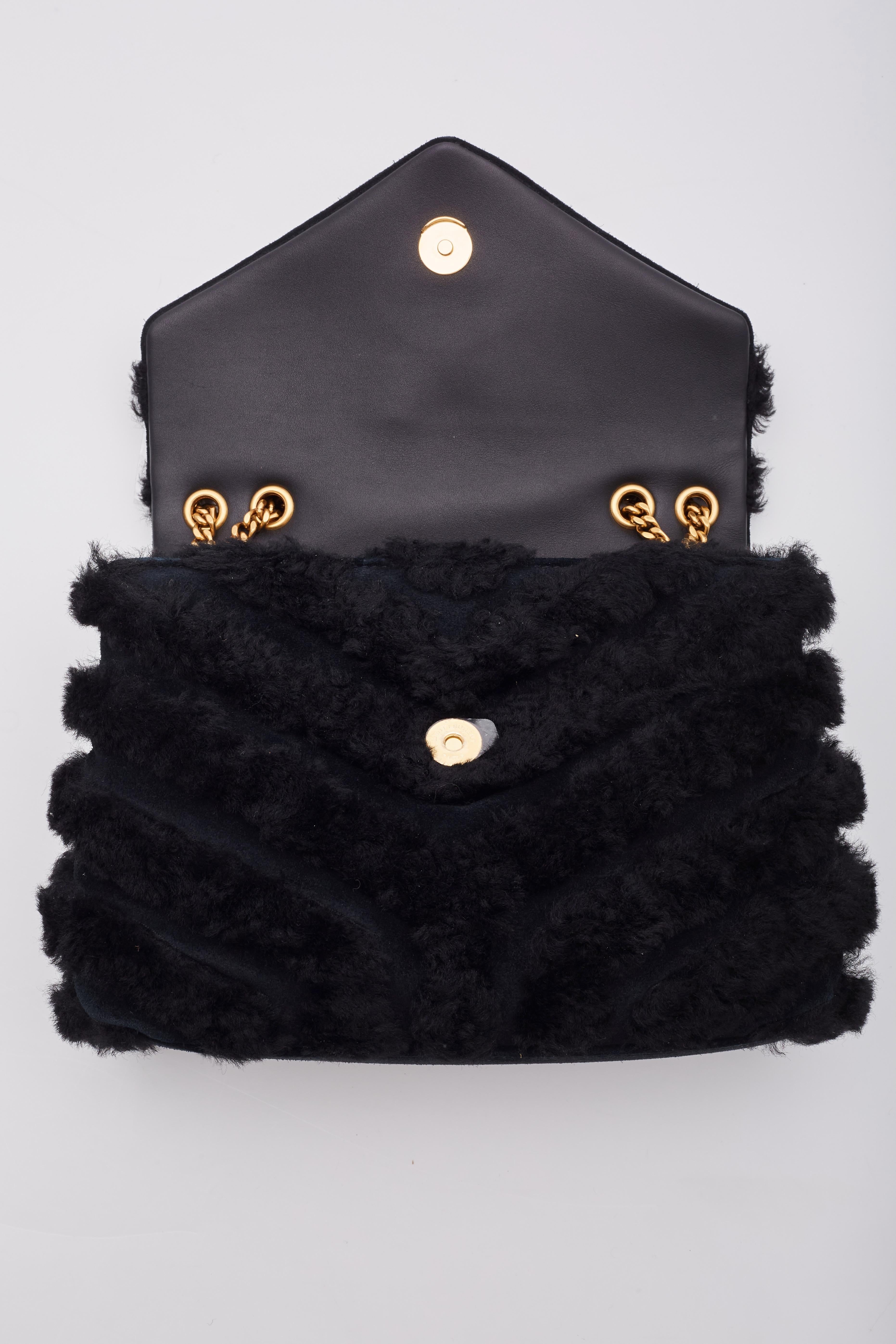 Saint Laurent Black Shearling Loulou Shoulder Bag Small For Sale 4