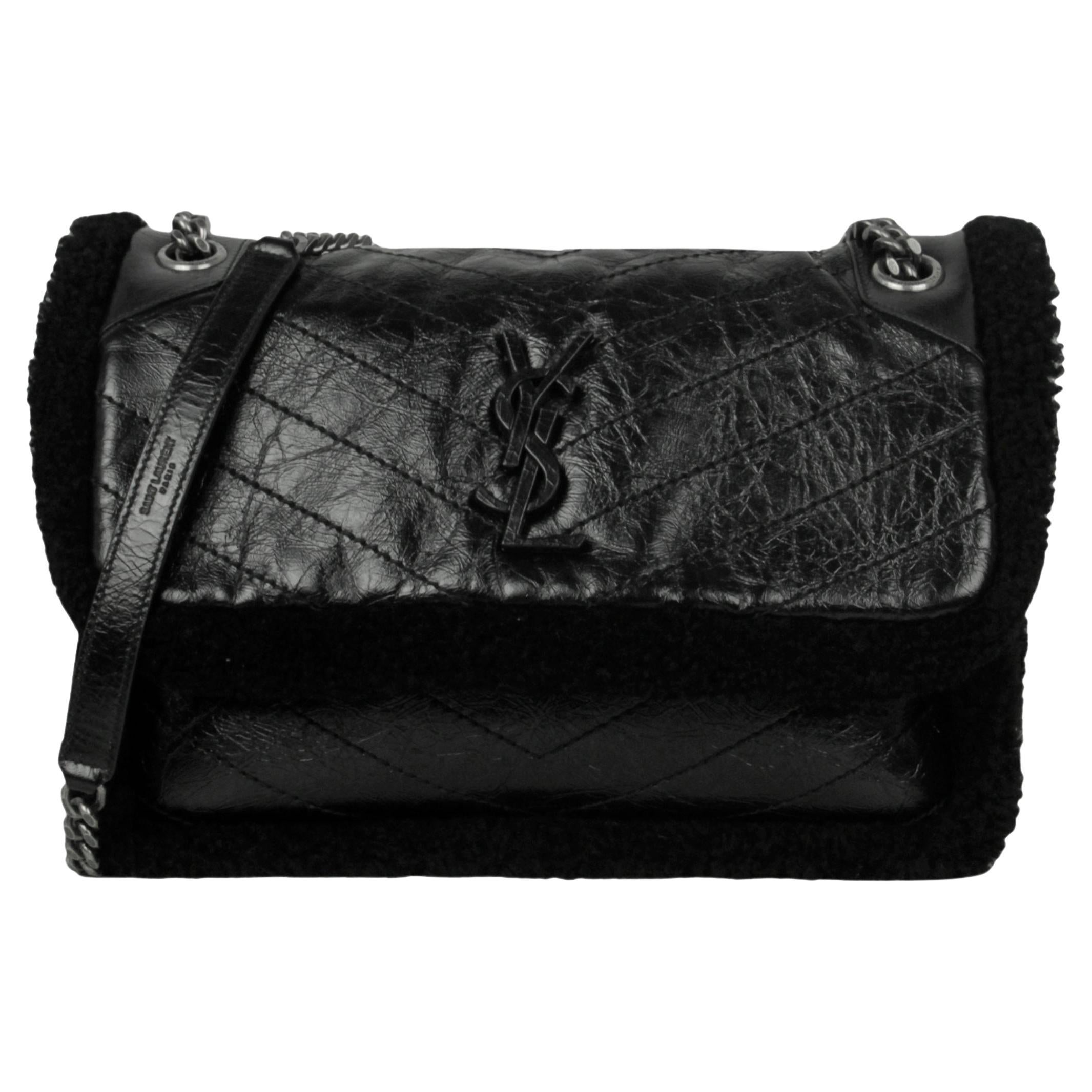 Saint Laurent Black Shearling Trim Calfskin Medium Niki Chain Shoulder Bag For Sale