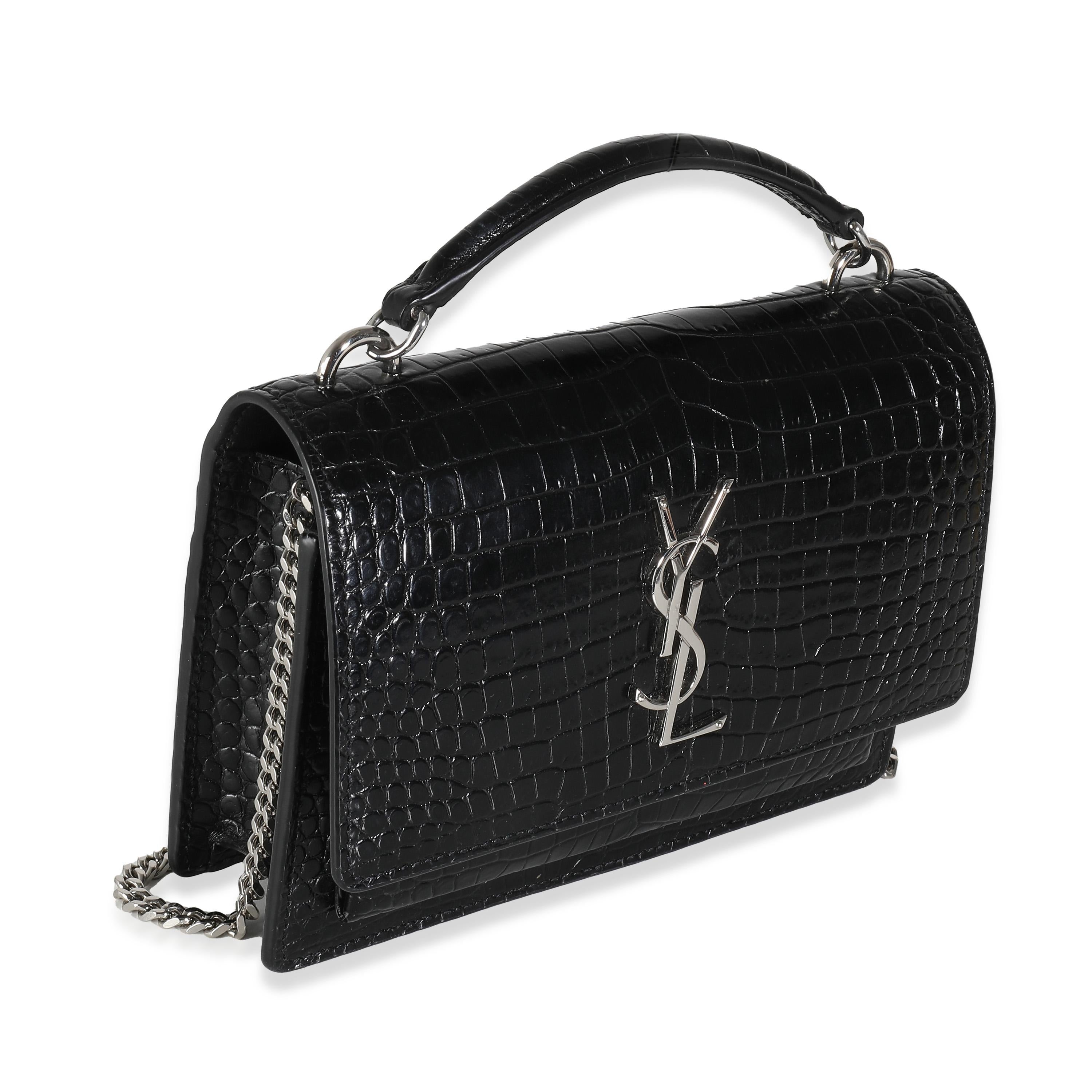 Saint Laurent Black Shiny Croc Embossed Sunset Chain Wallet In Excellent Condition For Sale In New York, NY
