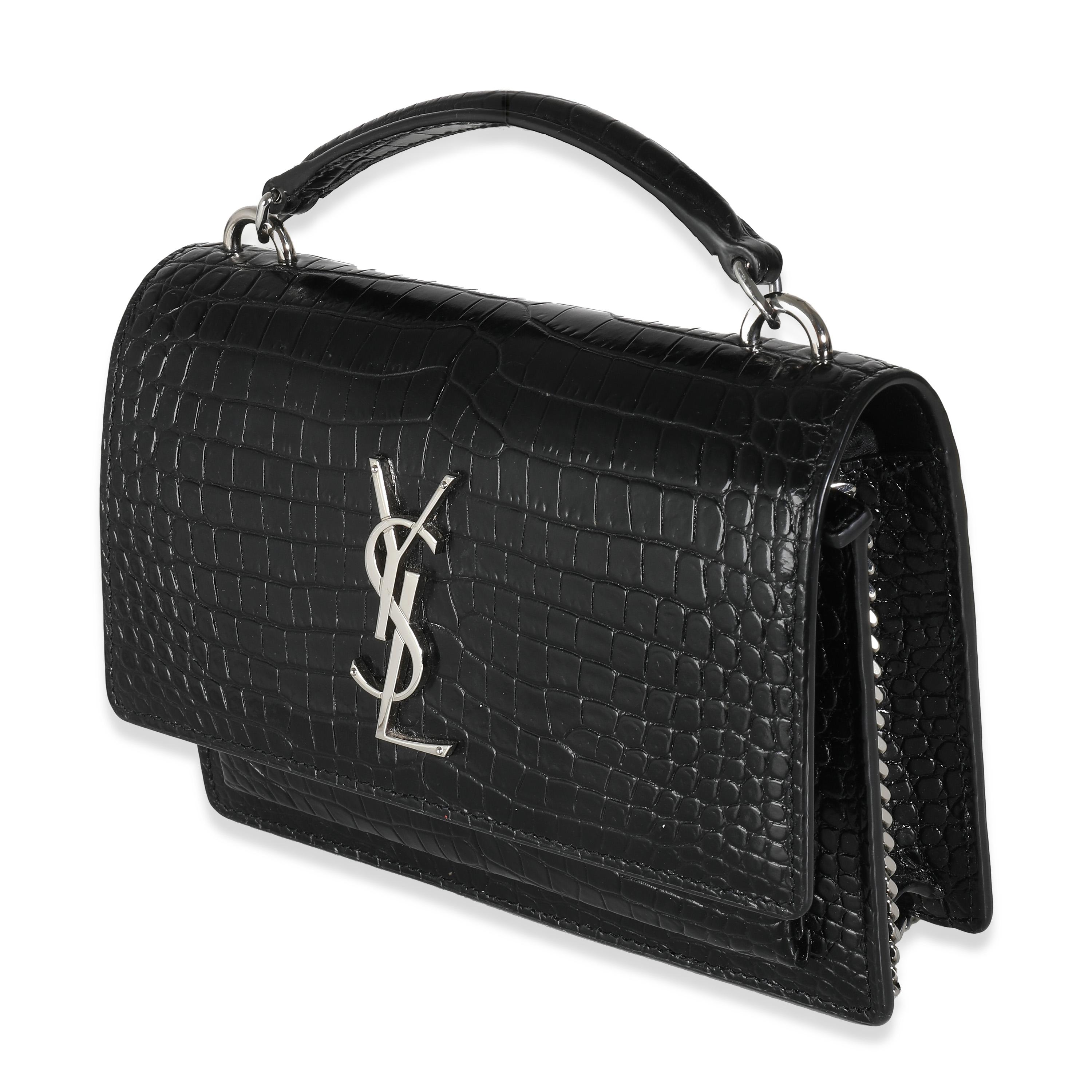 Women's Saint Laurent Black Shiny Croc Embossed Sunset Chain Wallet For Sale
