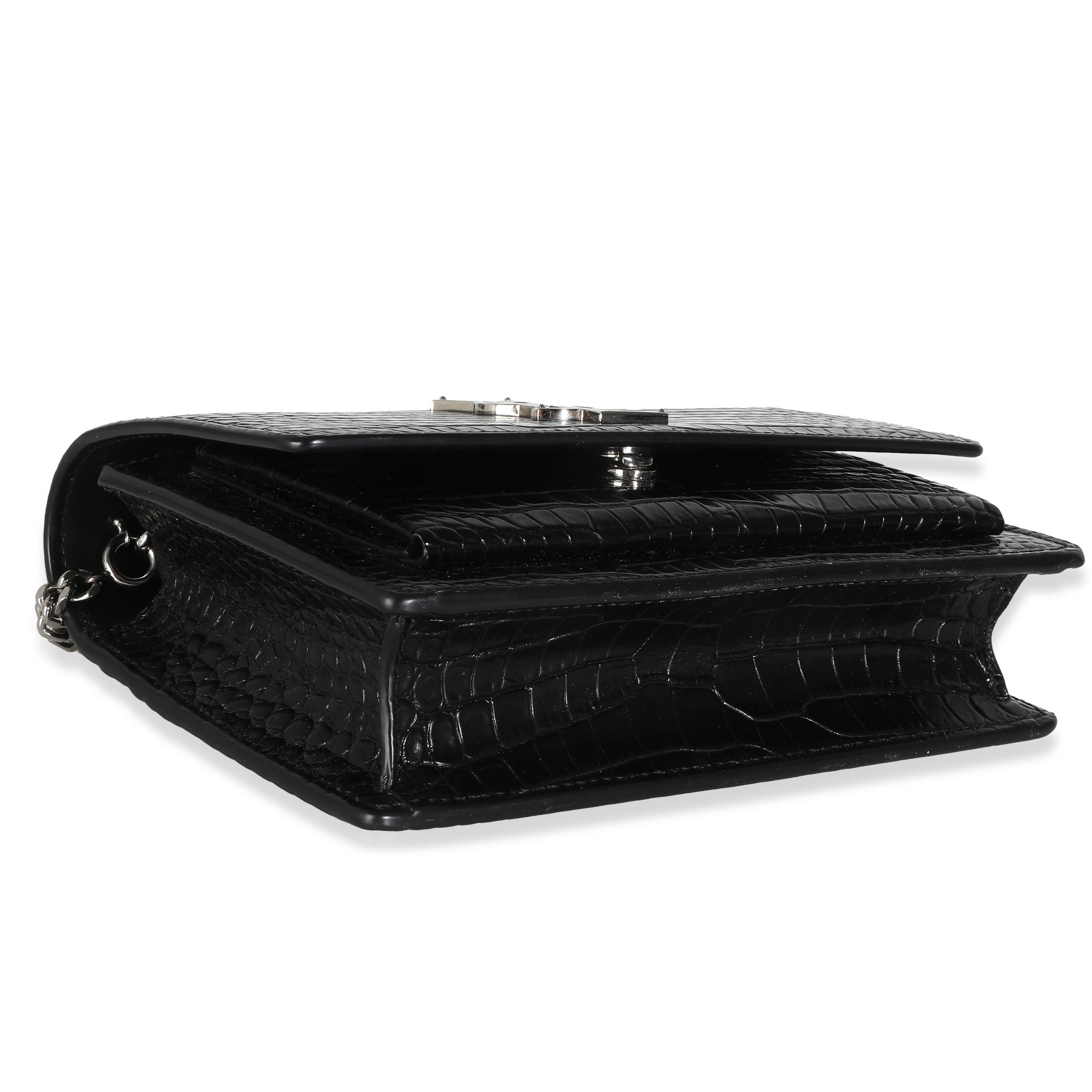 Saint Laurent Black Shiny Croc Embossed Sunset Chain Wallet For Sale 2