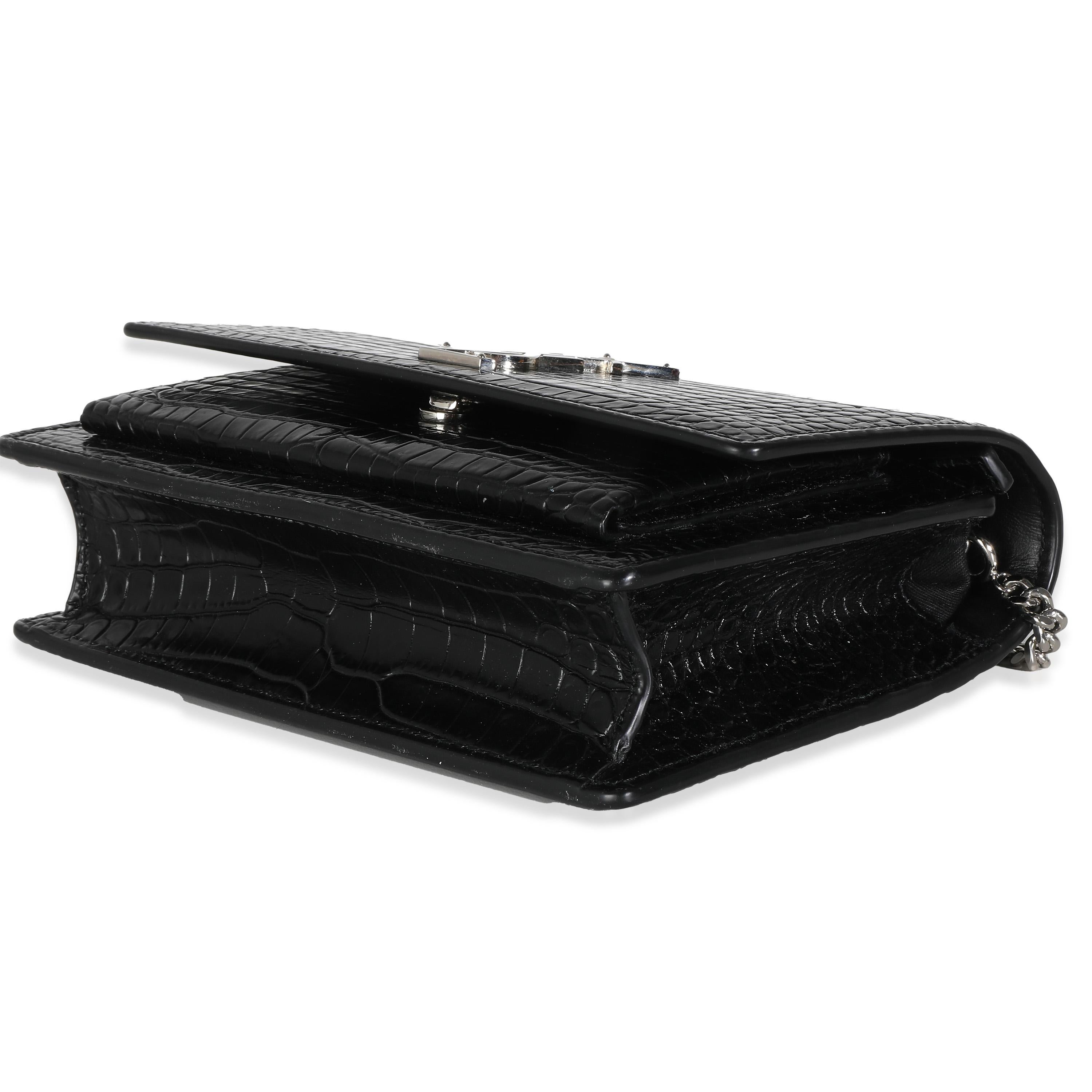 Saint Laurent Black Shiny Croc Embossed Sunset Chain Wallet For Sale 3