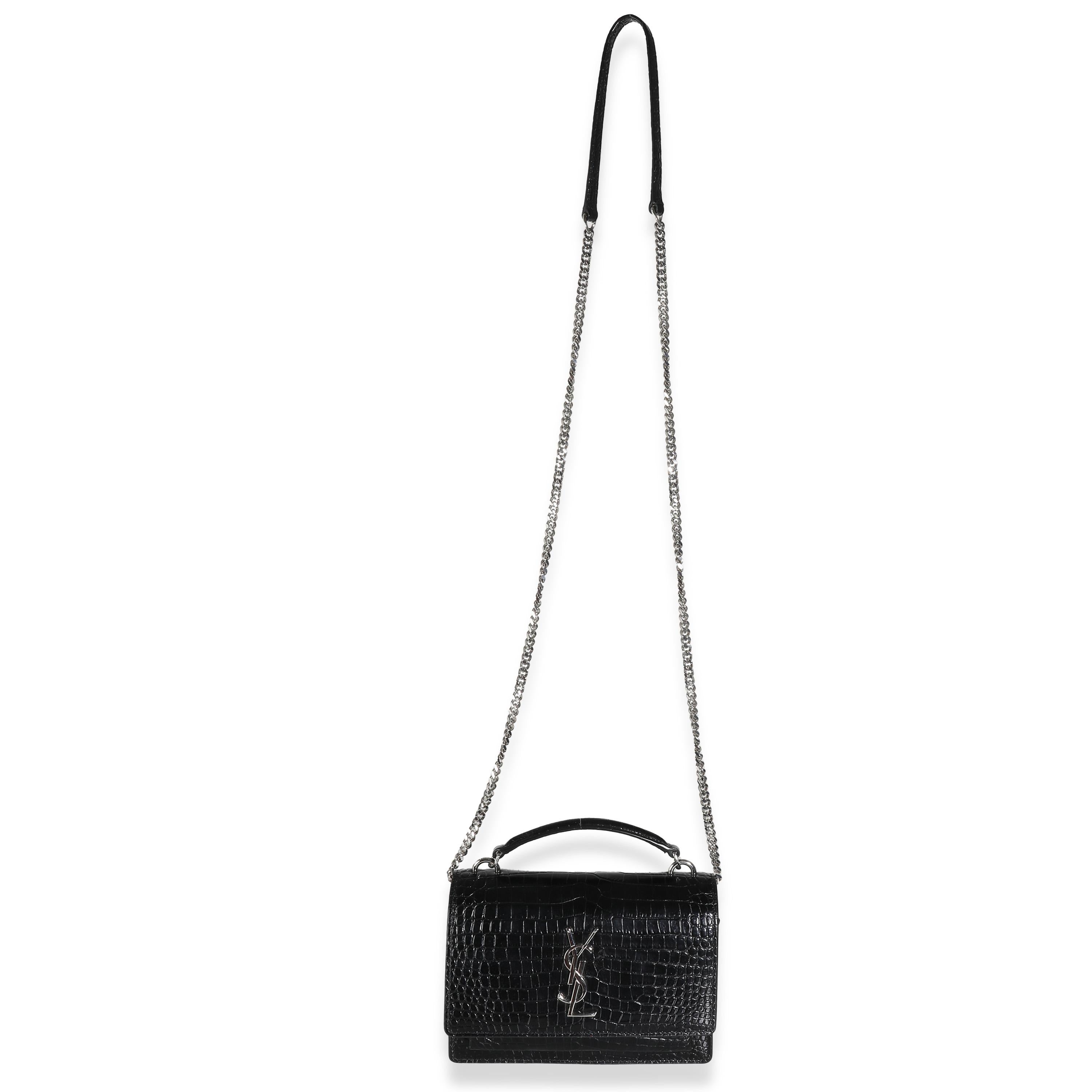 Saint Laurent Black Shiny Croc Embossed Sunset Chain Wallet For Sale 4