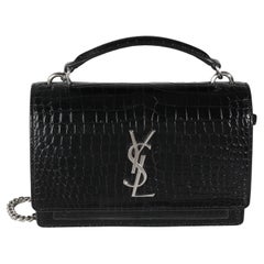 Saint Laurent Schwarz Glänzende Kroko-Prägung Sonnenuntergang Kette Brieftasche