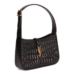 SAINT LAURENT Black Shiny Crocodile Embossed Calfskin Leather LE 5 À 7 Hobo Bag