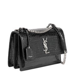 SAINT LAURENT Black Shiny Crocodile Embossed Calfskin Leather Medium Sunset