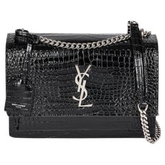 SAINT LAURENT Black Shiny Crocodile Embossed Calfskin Leather Medium Sunset