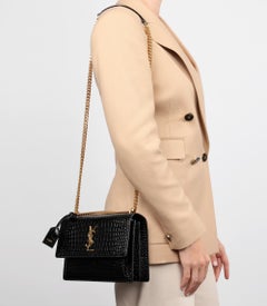Saint Laurent Black Shiny Faux Crocodile Embossed Calfskin Leather Medium Sunset