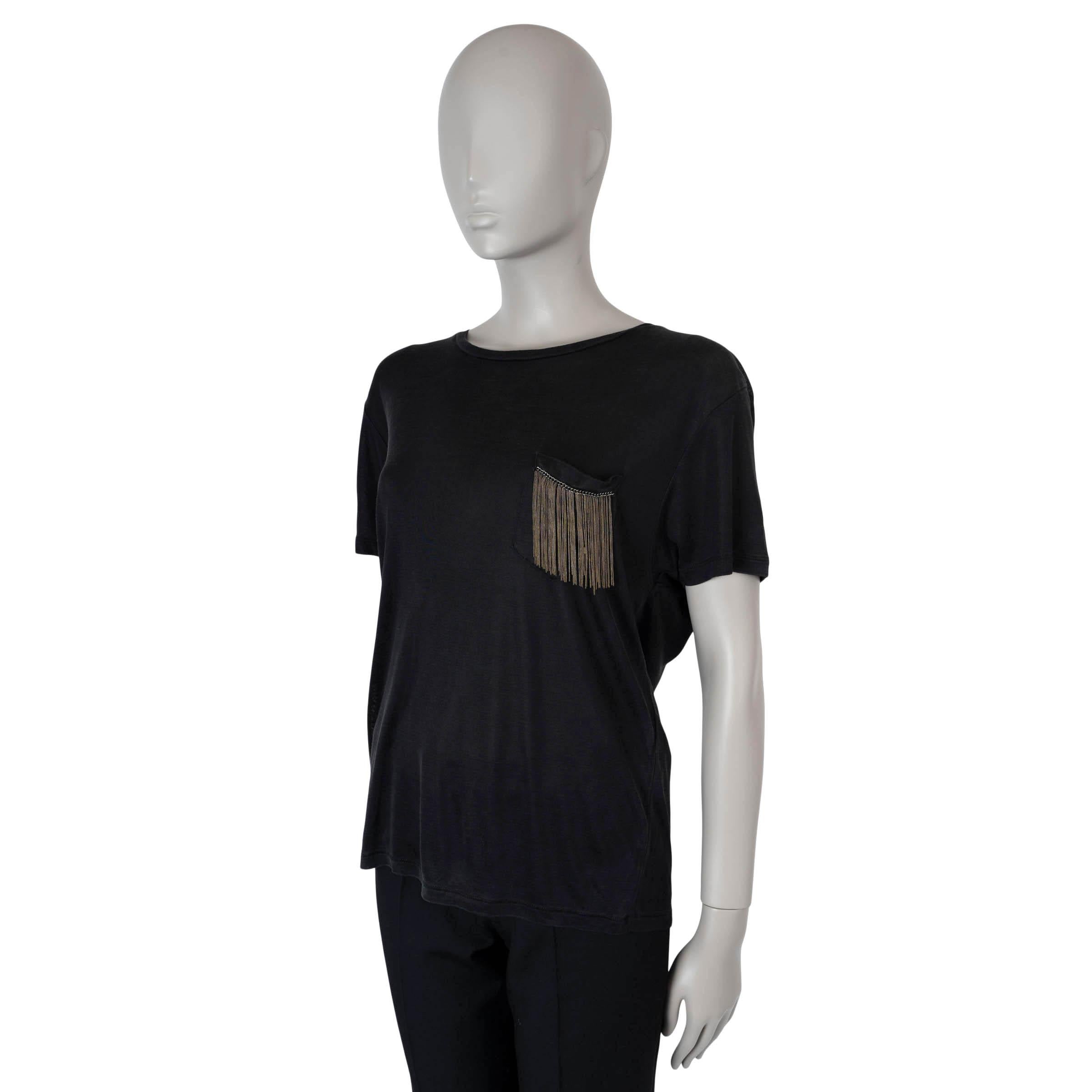 This 100% authentic Saint Laurent t-shirt is crafted from black jersey silk (100%), offering a luxurious and soft feel. It features a wide round neck for a relaxed fit and a chest pocket adorned with chain fringe detail, adding a touch of edgy