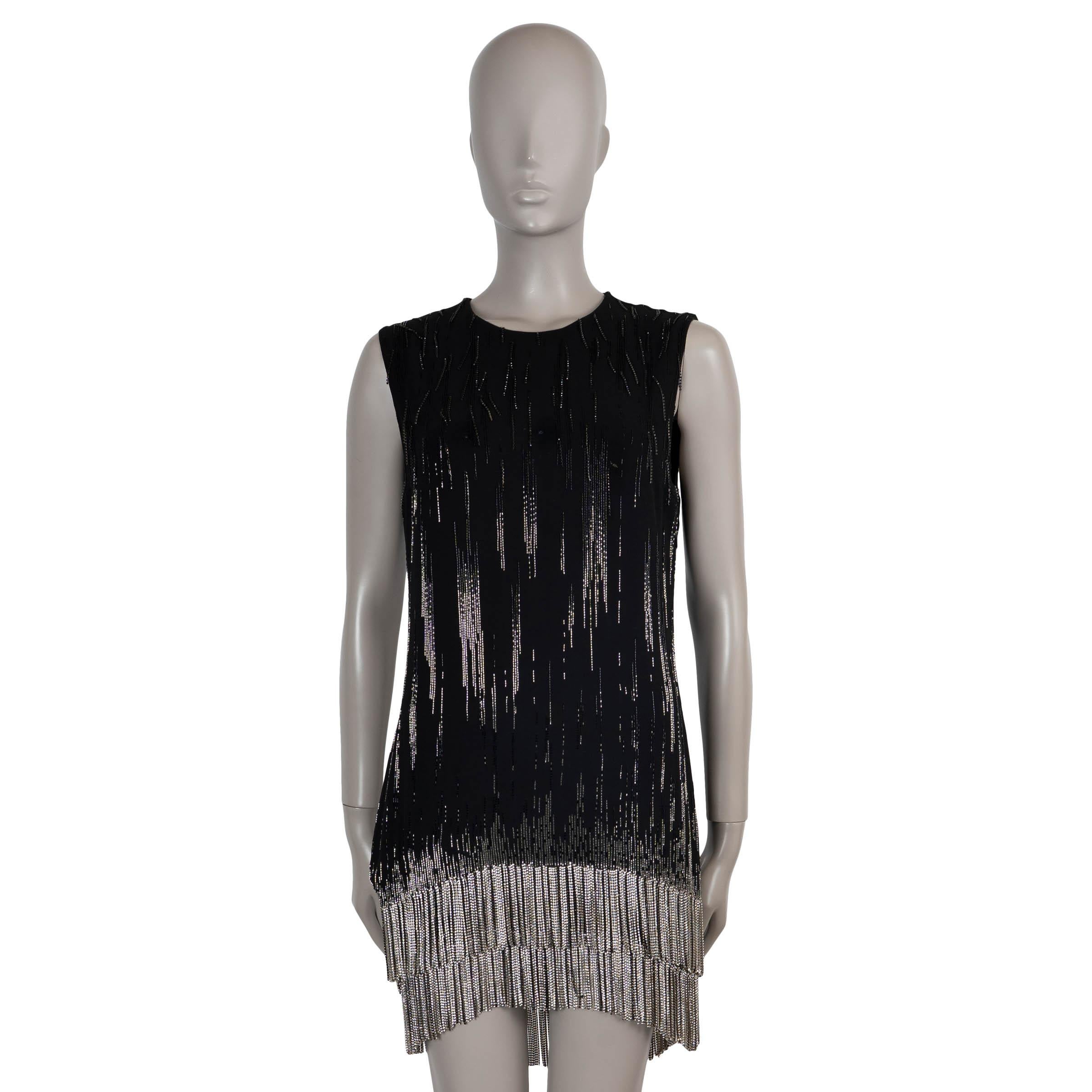 SAINT LAURENT black silk 2017 BEADED CRYSTAL FRINGE Cocktail Dress 40 M For Sale