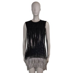 SAINT LAURENT black silk 2017 BEADED CRYSTAL FRINGE Cocktail Dress 40 M