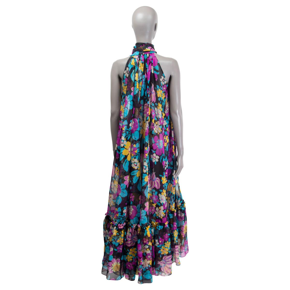 Noir SAINT LAURENT - Robe noire en mousseline de soie et mousseline de soie 2021 - TIE NECK FLORAL MAXI - 34 XXS en vente