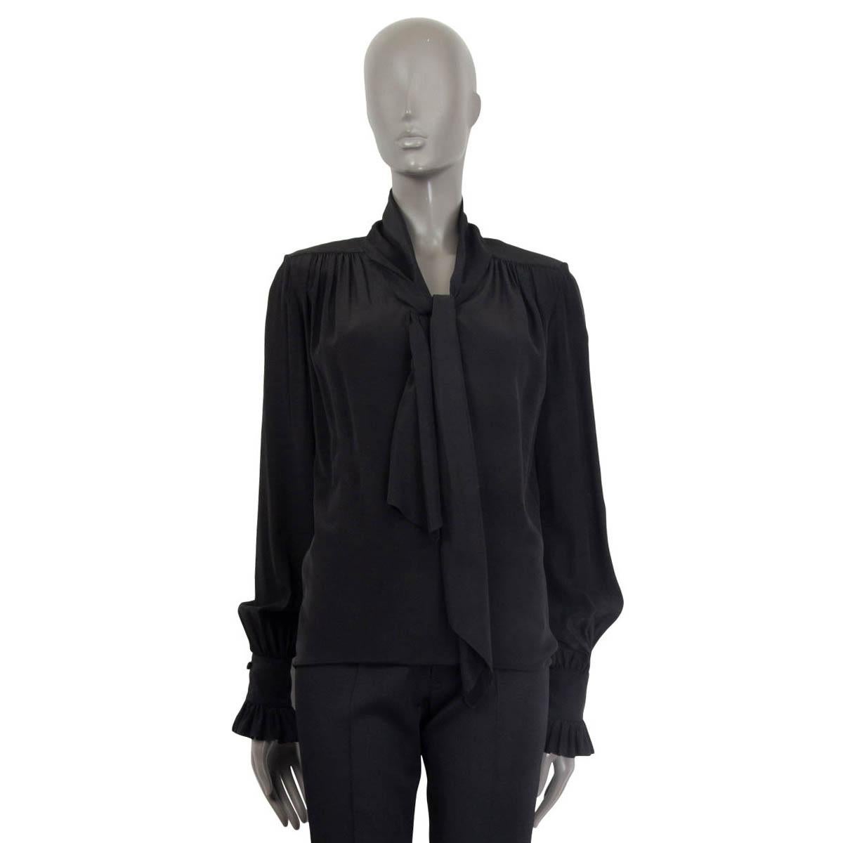 Black SAINT LAURENT black silk PADDED SHOULDER PUSSY BOW Blouse Shirt 34 XXS For Sale