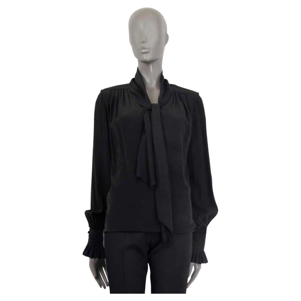 SAINT LAURENT black silk PADDED SHOULDER PUSSY BOW Blouse Shirt 34 XXS For Sale