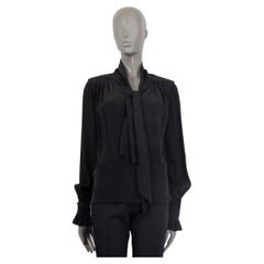 SAINT LAURENT black silk PADDED SHOULDER PUSSY BOW Blouse Shirt 34 XXS