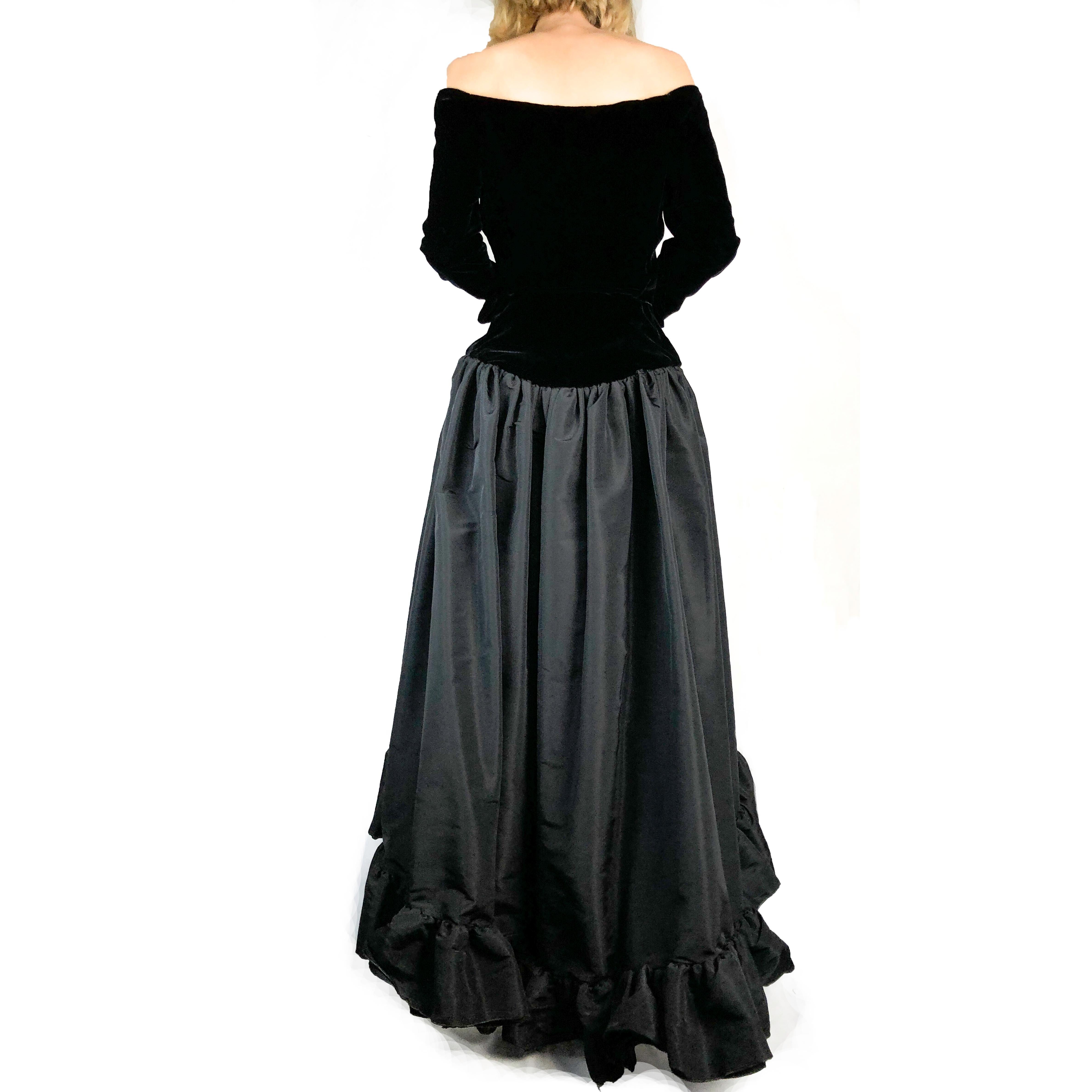 Black    Saint Laurent black silk velvet and taffeta high-low hem evening gown, 1988 For Sale