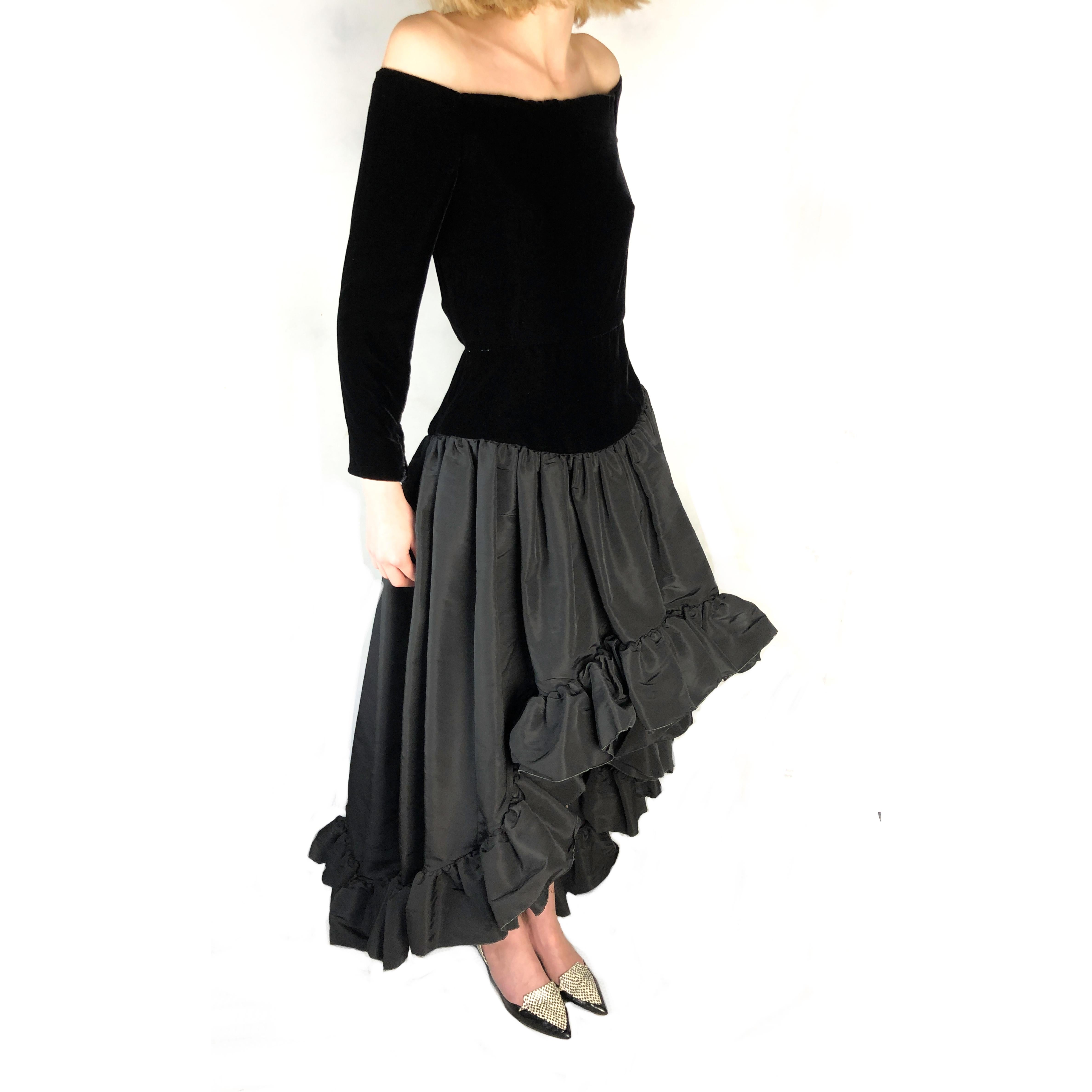 Women's    Saint Laurent black silk velvet and taffeta high-low hem evening gown, 1988 For Sale