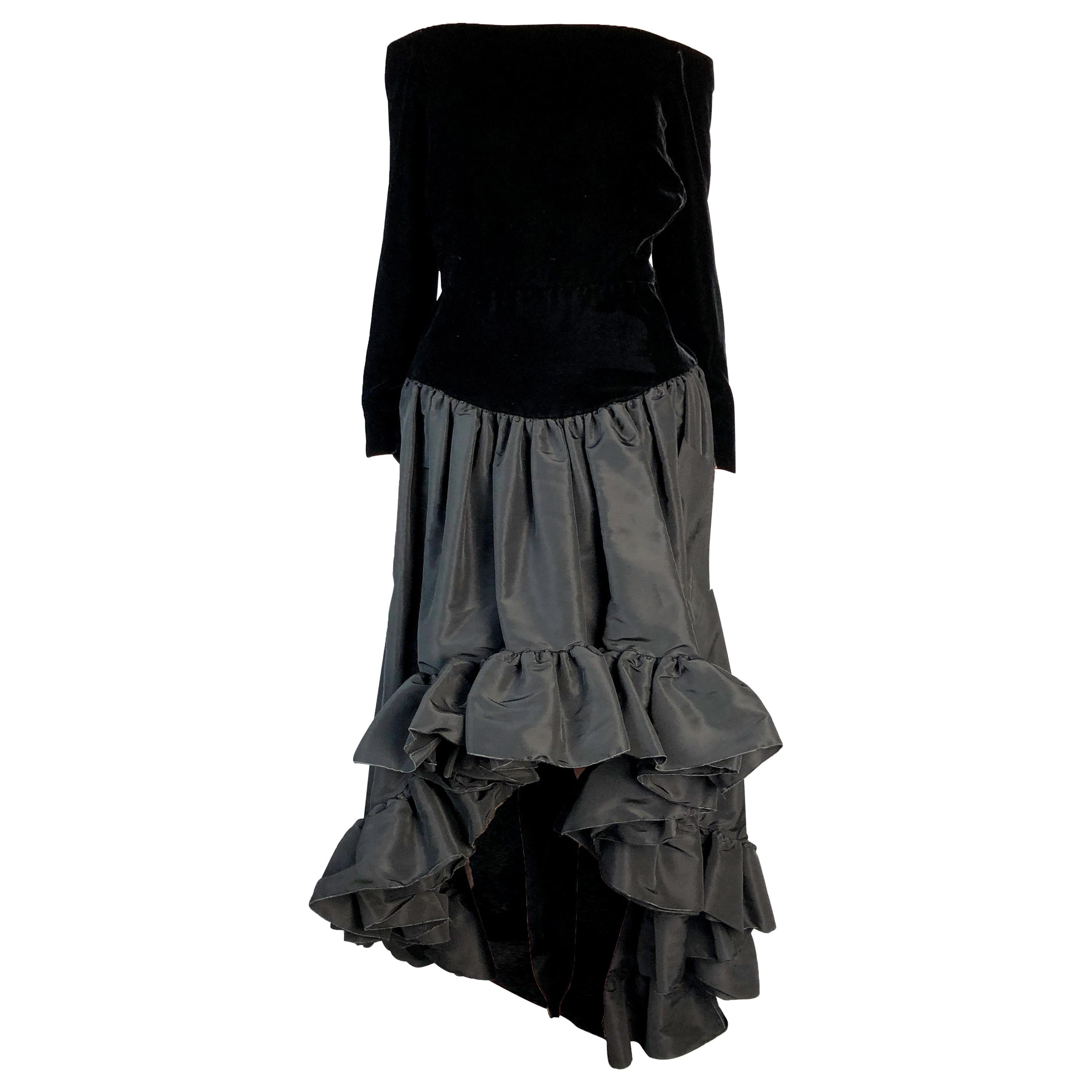    Saint Laurent black silk velvet and taffeta high-low hem evening gown, 1988 For Sale