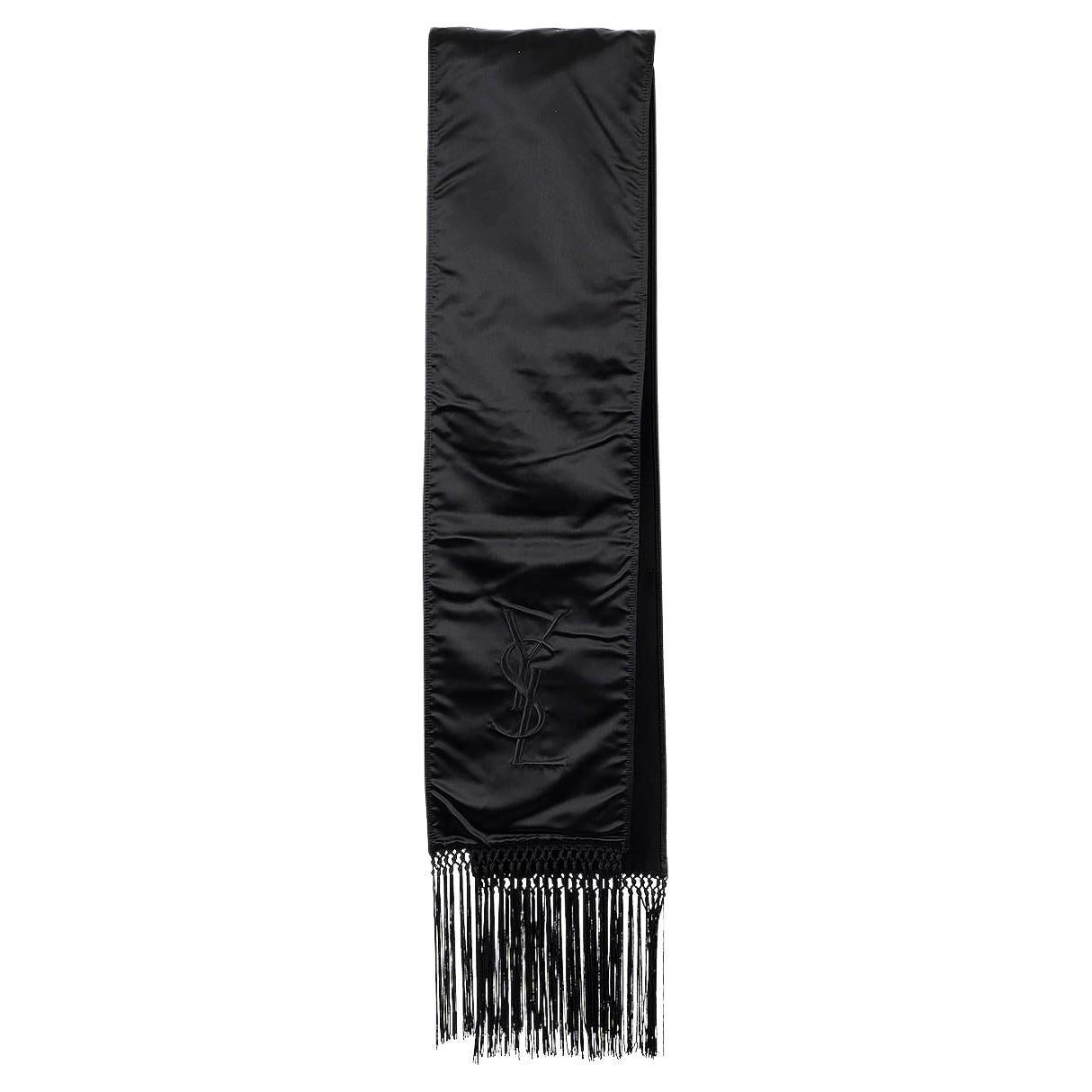 SAINT LAURENT black silk & wool LOGO SATIN FRINGE Scarf