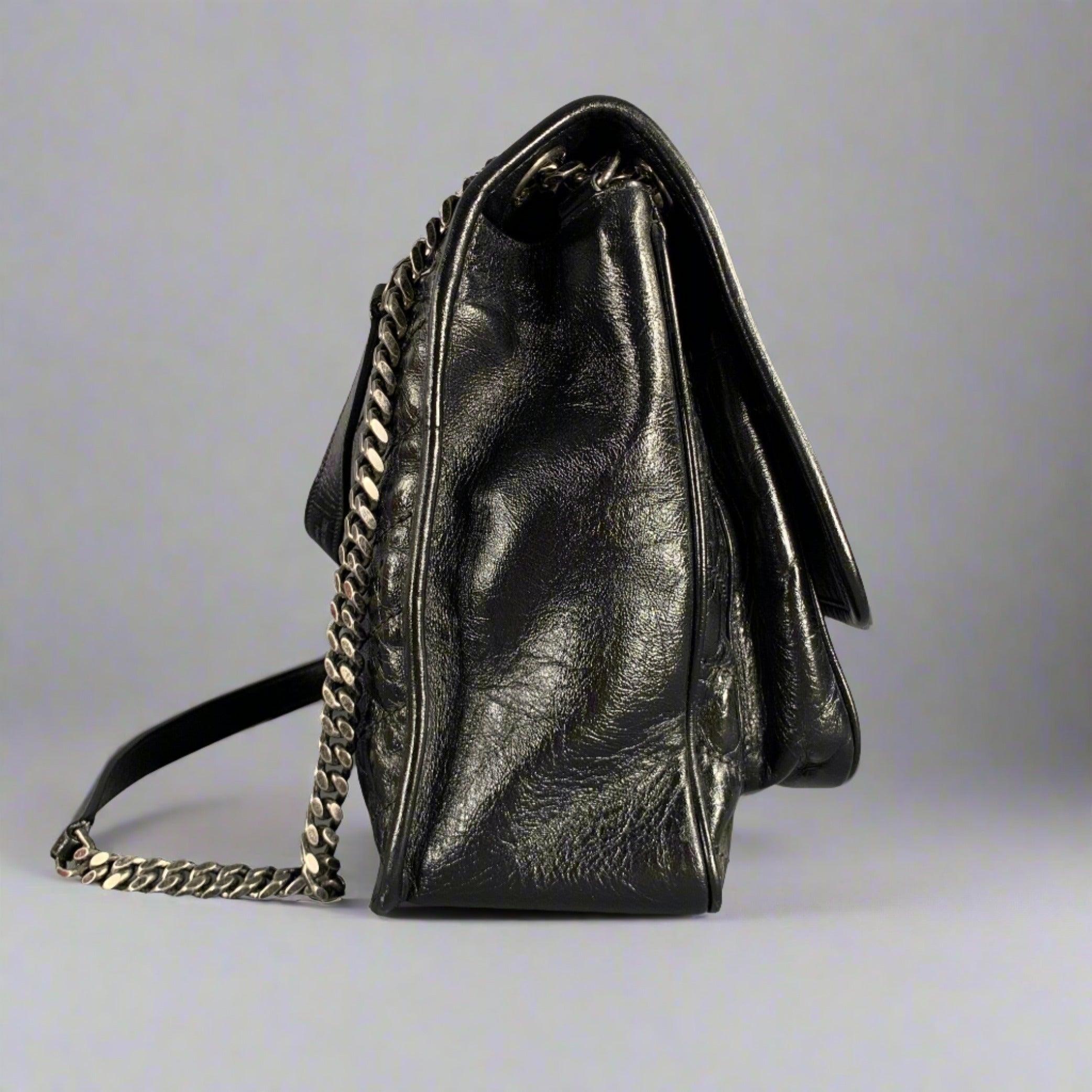 SAINT LAURENT Black Silver Chevron Leather Shoulder Bag Handbag In Excellent Condition In San Francisco, CA