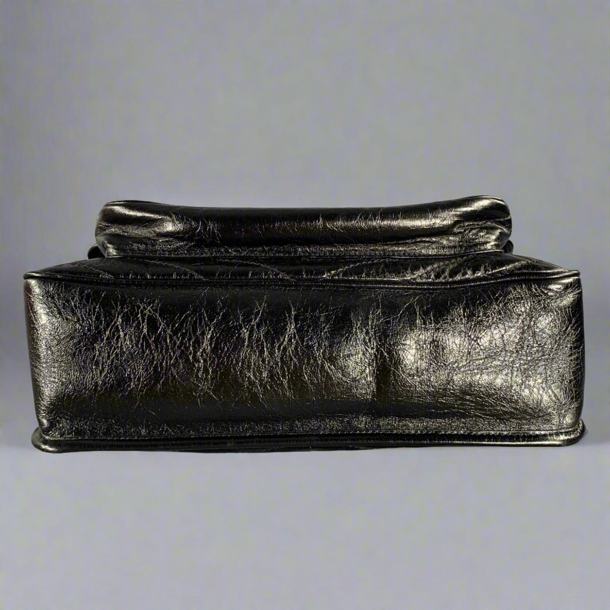 SAINT LAURENT Black Silver Chevron Leather Shoulder Bag Handbag 2