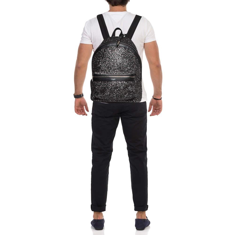 Saint Laurent Black/Silver Glitter City Backpack In Excellent Condition In Dubai, Al Qouz 2