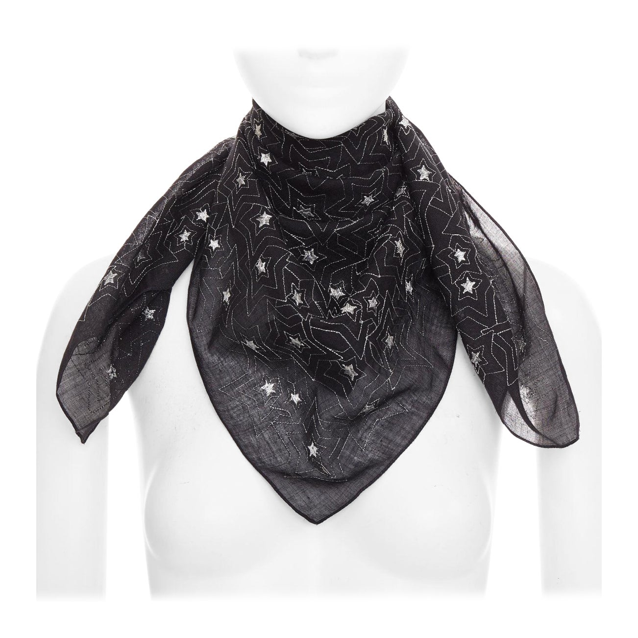 SAINT LAURENT sciarpa quadrata leggera con ricamo a stella in argento nero in vendita