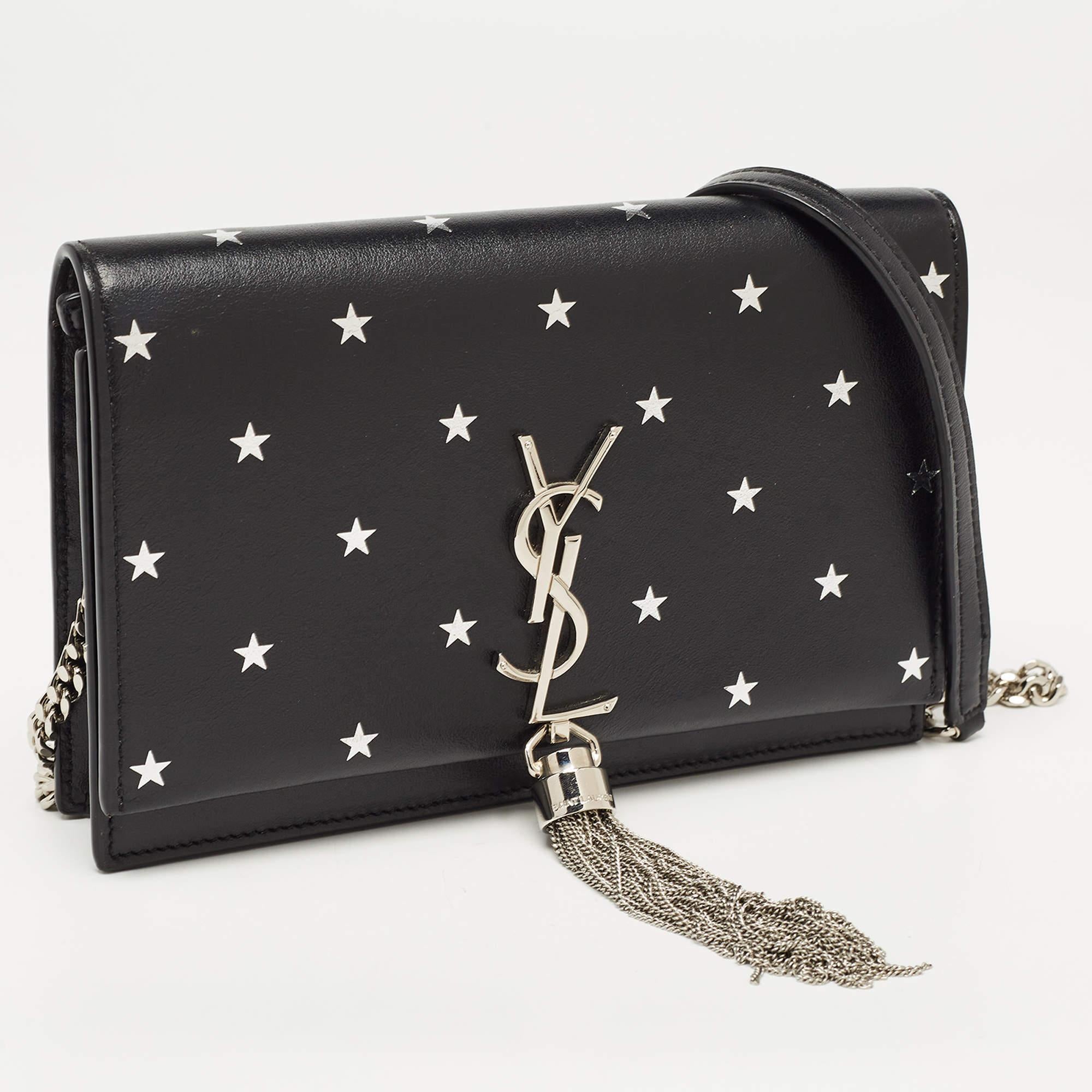 Women's Saint Laurent Black/Silver Star Print Leather Kate Tassel Wallet on Chain