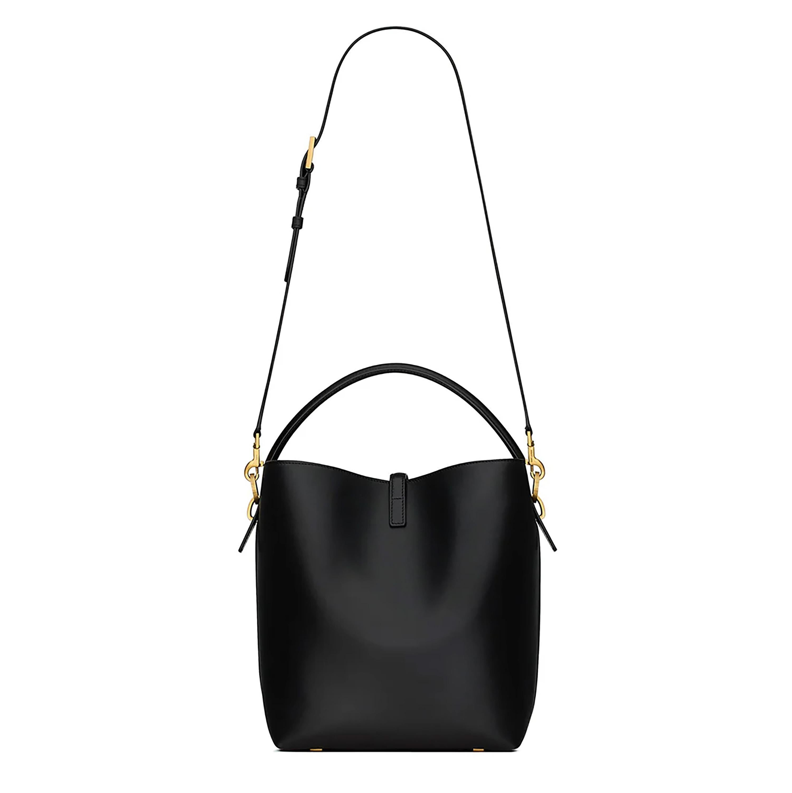 Listing Title: Saint Laurent Black Smooth Calfskin Le 37 Bucket Bag
SKU: 144711
MSRP: 3000.00 USD
Condition: Pre-owned 
Handbag Condition: Pristine
Condition Comments: Item has no indication of wear.  Hairline scratching along feet. Final