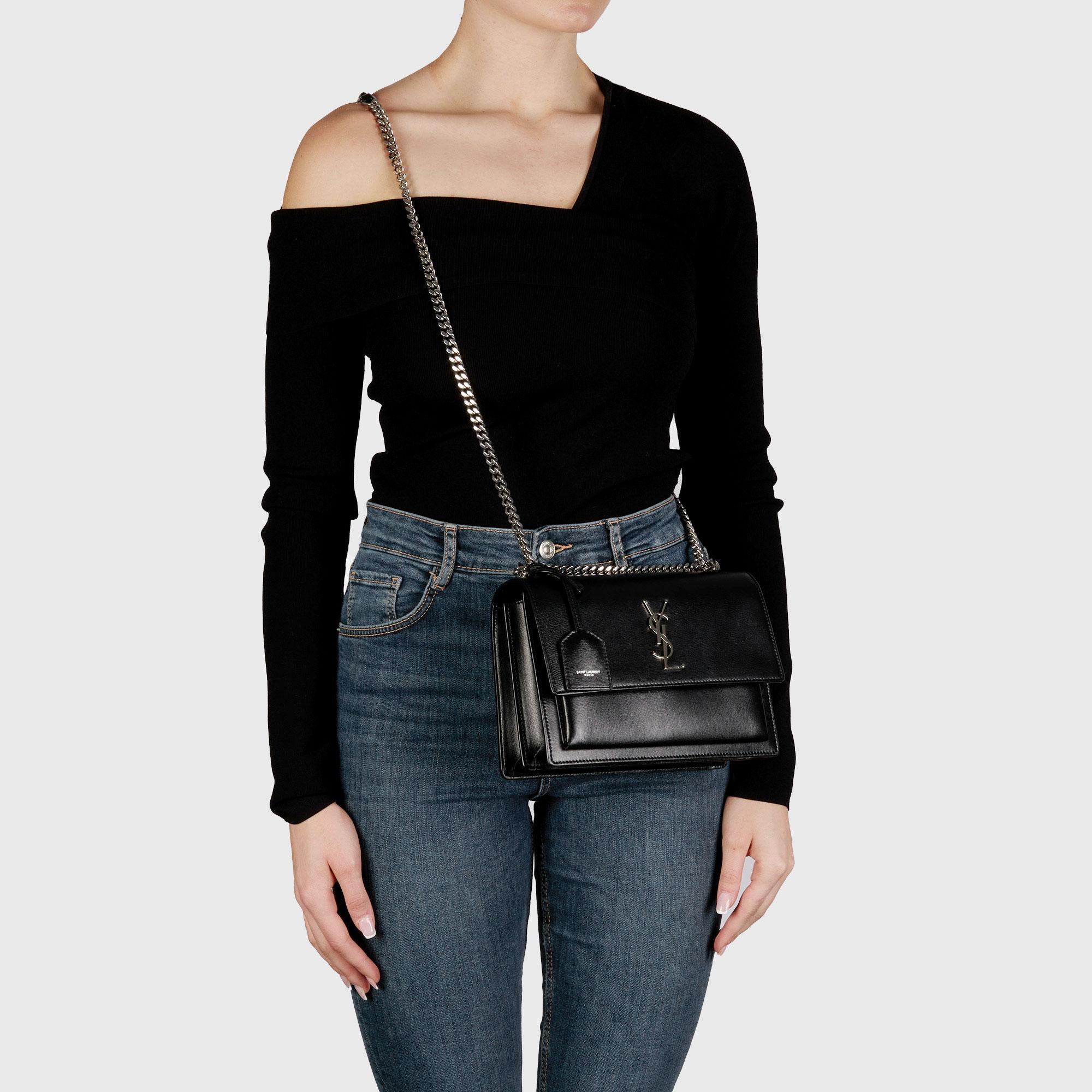 SAINT LAURENT Sunset en cuir de veau noir lisse, taille moyenne 6