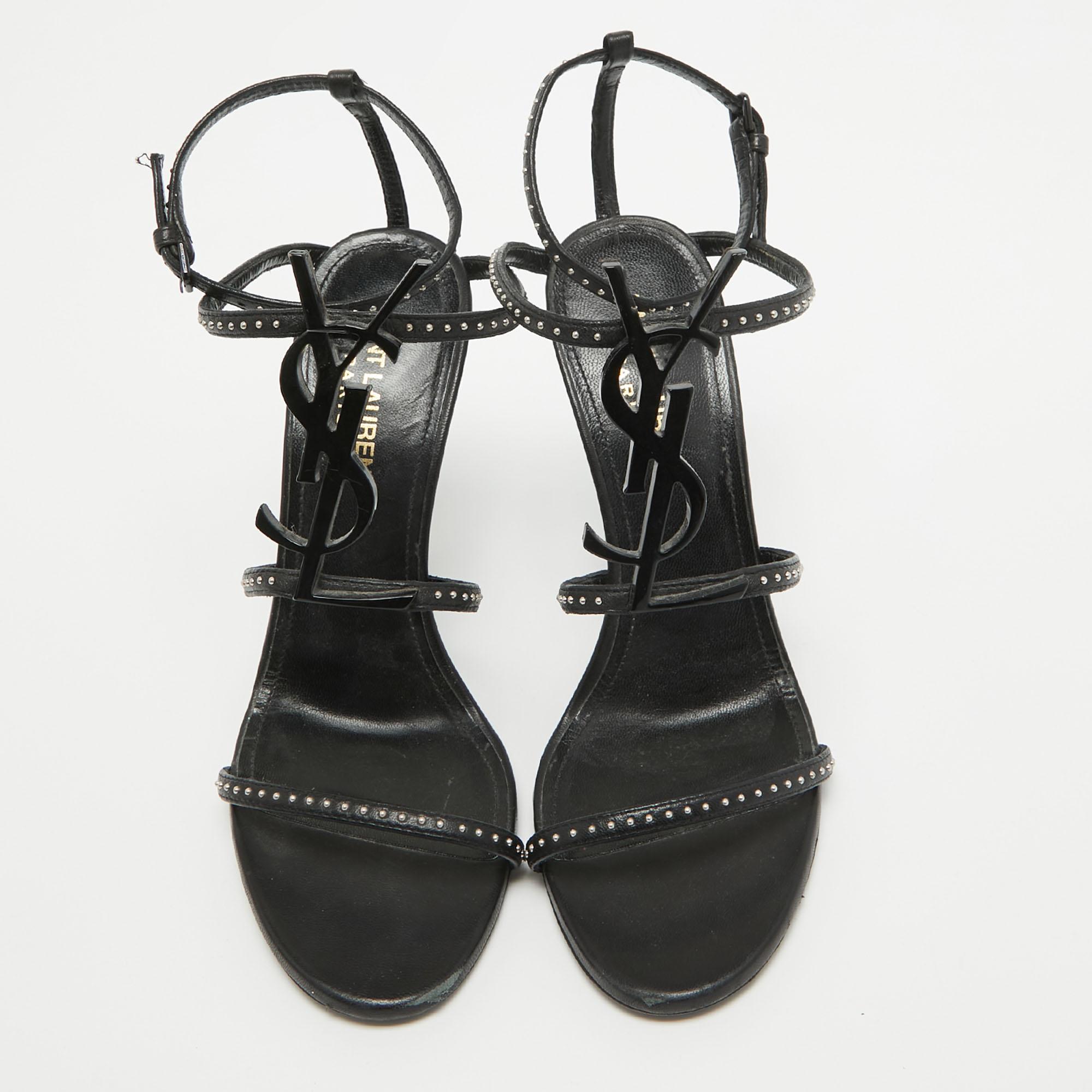 Saint Laurent Black Studded Leather Cassandra Ankle Strap Sandals Size 36 In Good Condition In Dubai, Al Qouz 2