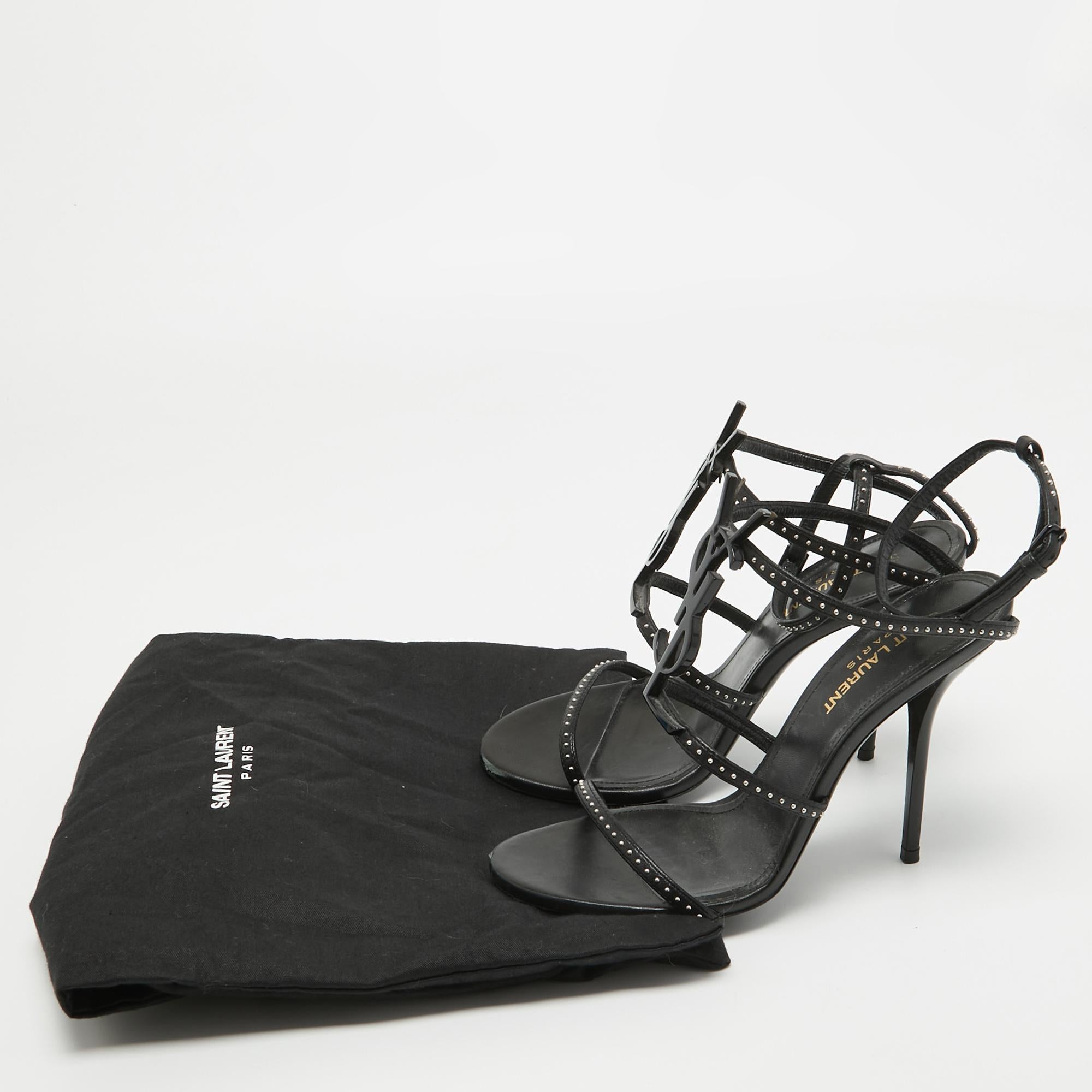 Saint Laurent Black Studded Leather Cassandra Ankle Strap Sandals Size 36 5
