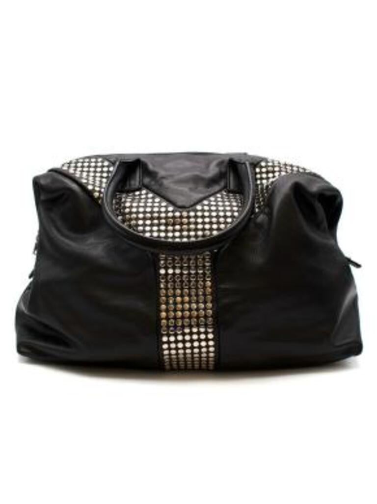 Yves Saint Laurent Black Studded Leather Easy Y Tote 
 

 - Medium sized pebbled leather slouchy bag with circular silver studs
 - Rolled top handles 
 - Flat silver studs in Y shape on both sides
 - Flat base with silver feet
 - Silver zip closure
