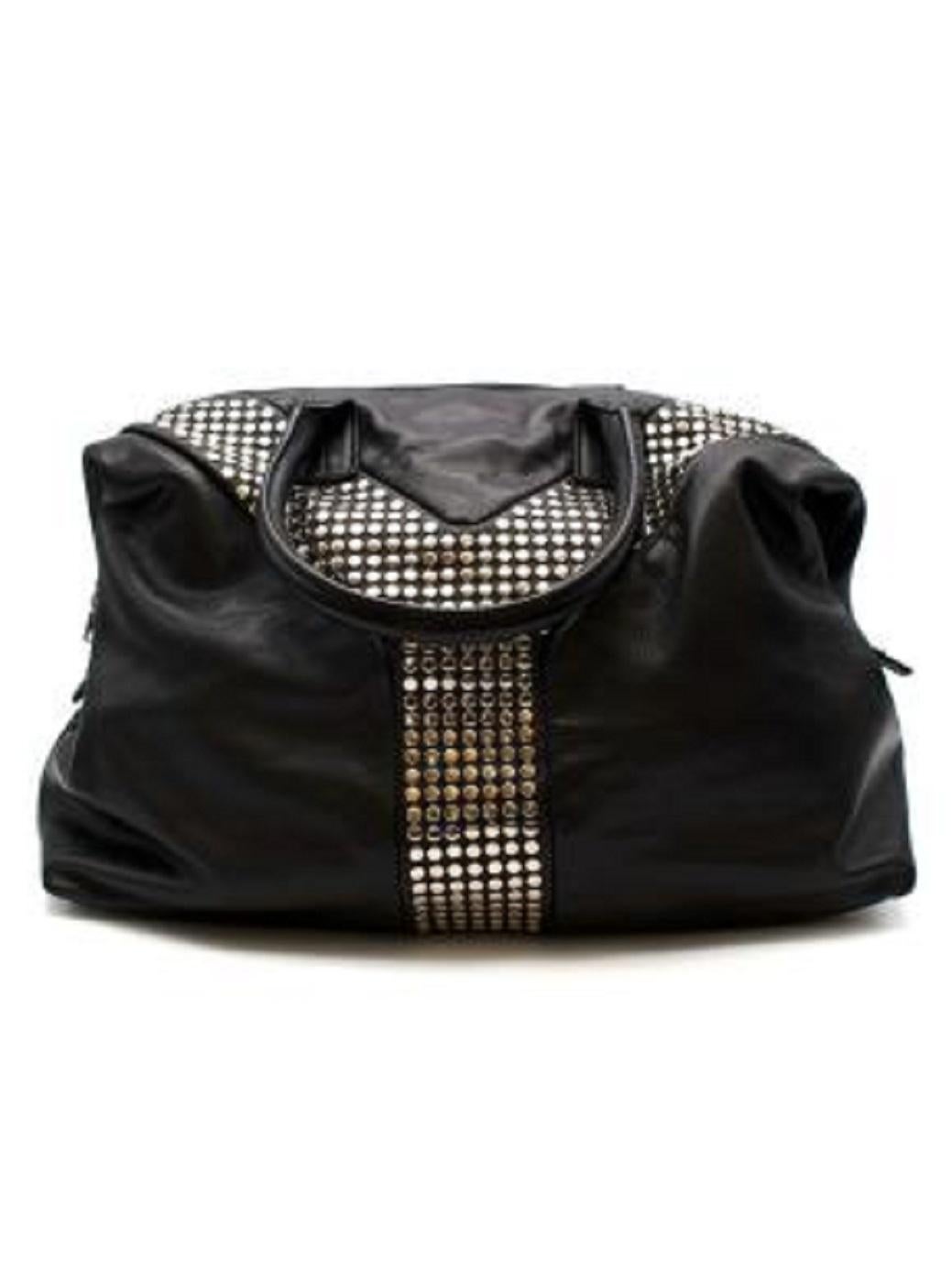 Yves Saint Laurent Black Studded Leather Easy Y Tote 

- Medium sized pebbled leather slouchy bag with circular silver studs
- Rolled top handles 
- Flat silver studs in Y shape on both sides
- Flat base with silver feet
- Silver zip closure
- Black