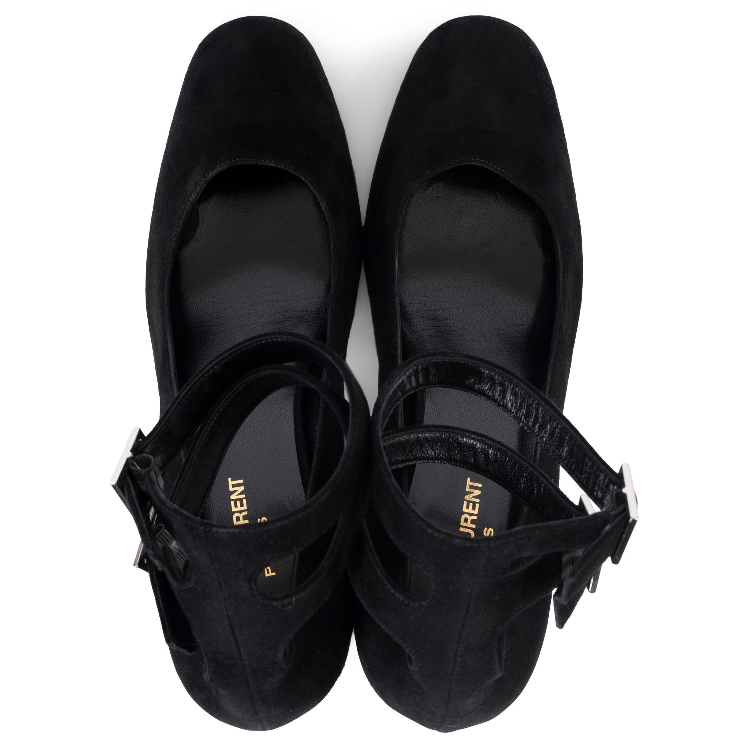 Women's SAINT LAURENT black suede 2016 BABIES 70 DOUBLE ANKEL STRAP Pumps Shoes 40 For Sale