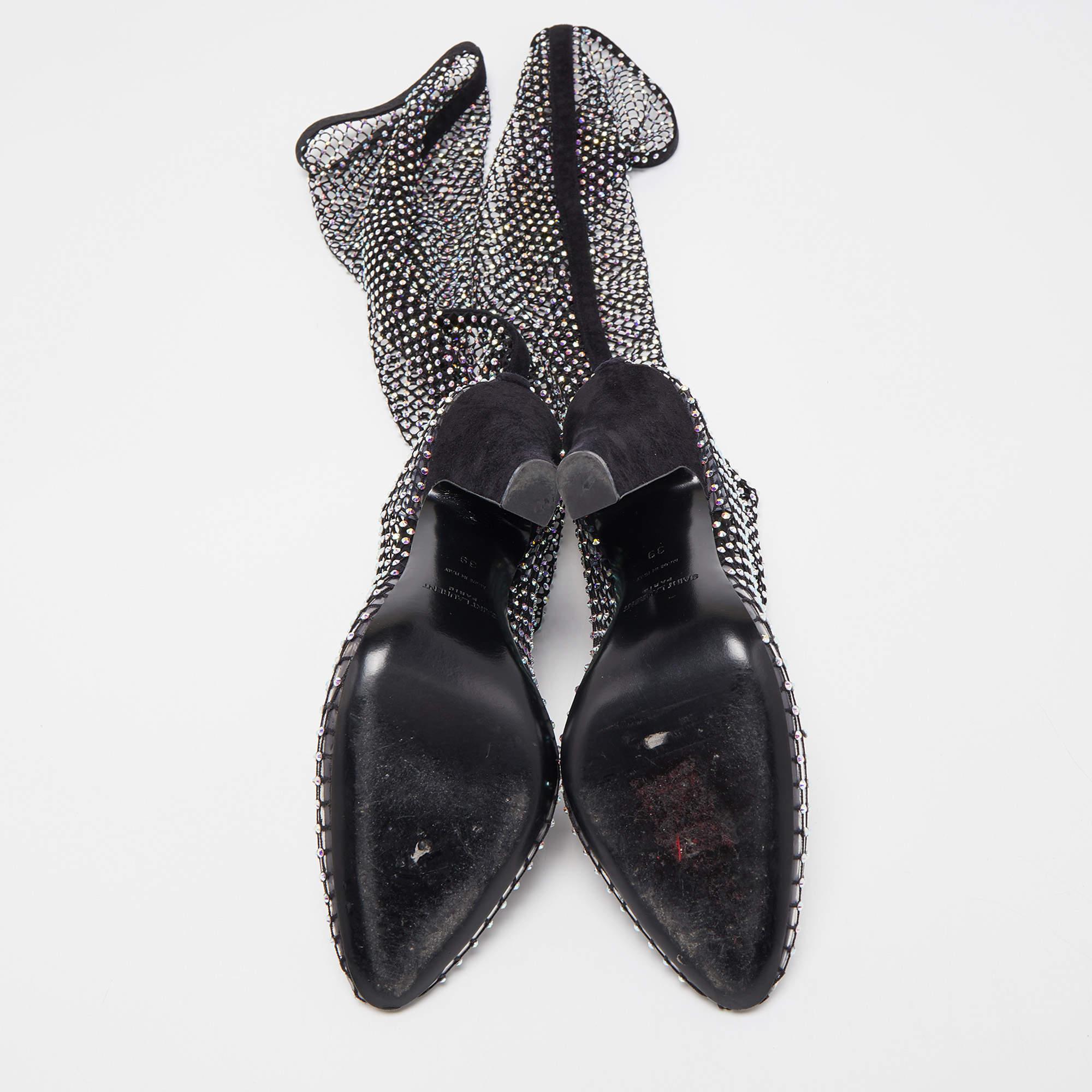 Saint Laurent Black Suede and Crystal Embellished Mild Calf Boots Size 39 4