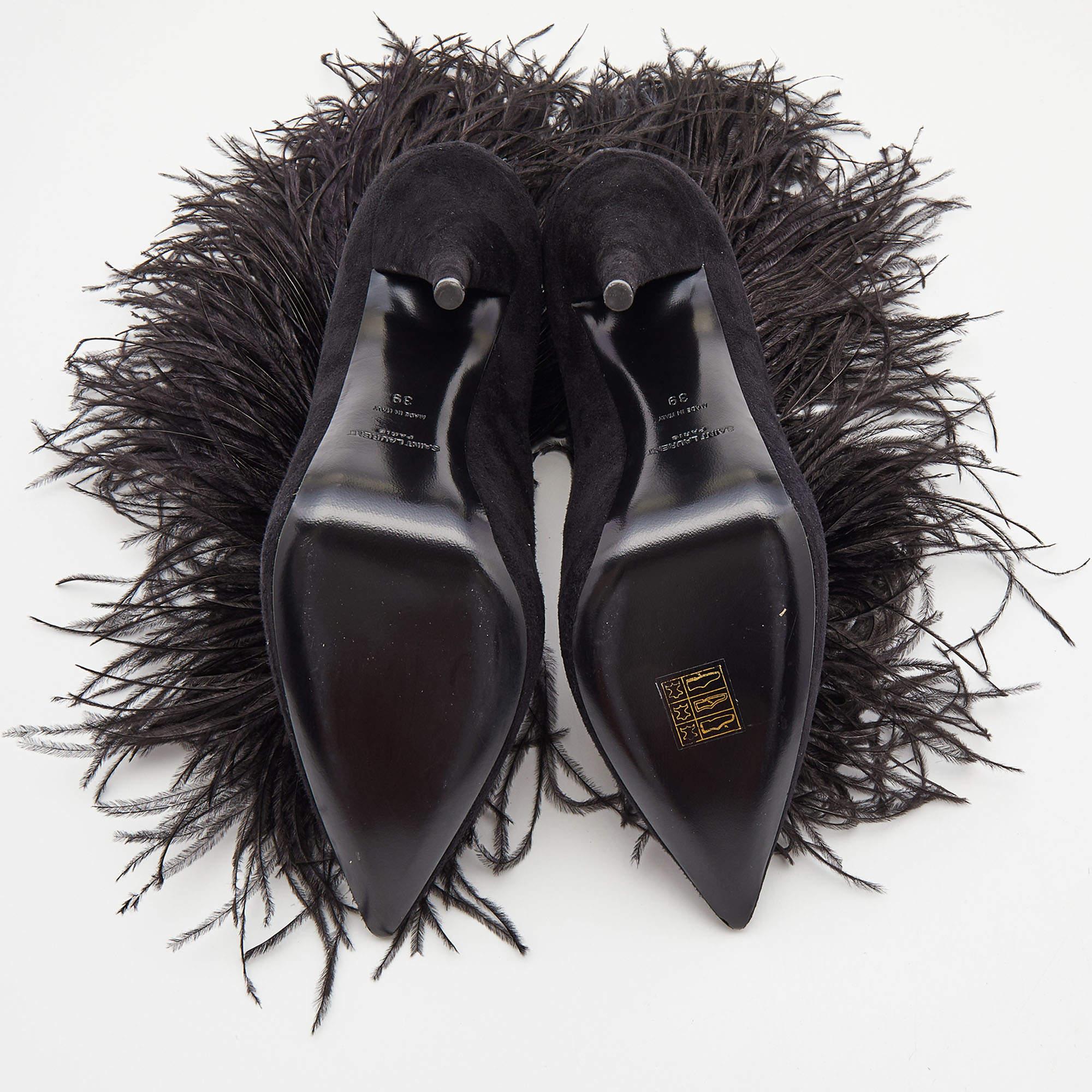 Saint Laurent Black Suede and Feather Zizi Ankle Booties Size 39 For Sale 4