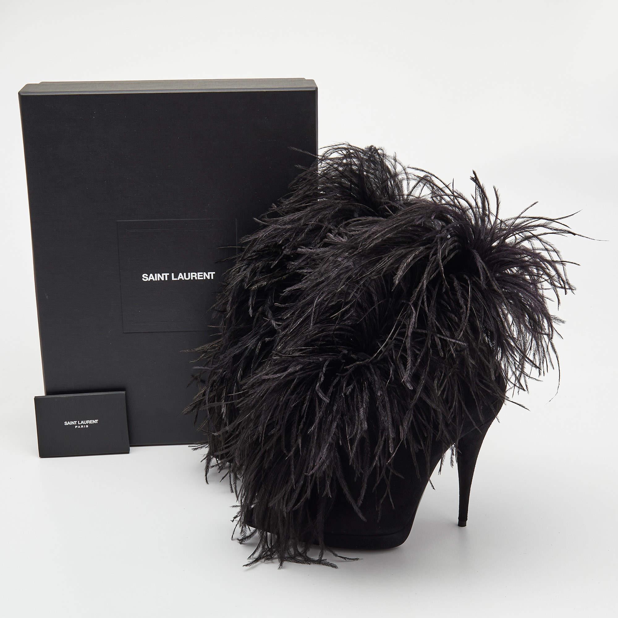 Saint Laurent Black Suede and Feather Zizi Ankle Booties Size 39 5